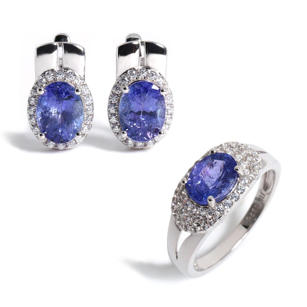 Precious Rare Natural blue Tanzanite Ring Earrings Set Real Gemstone Silver jewelry Women's anniversary & wedding gift