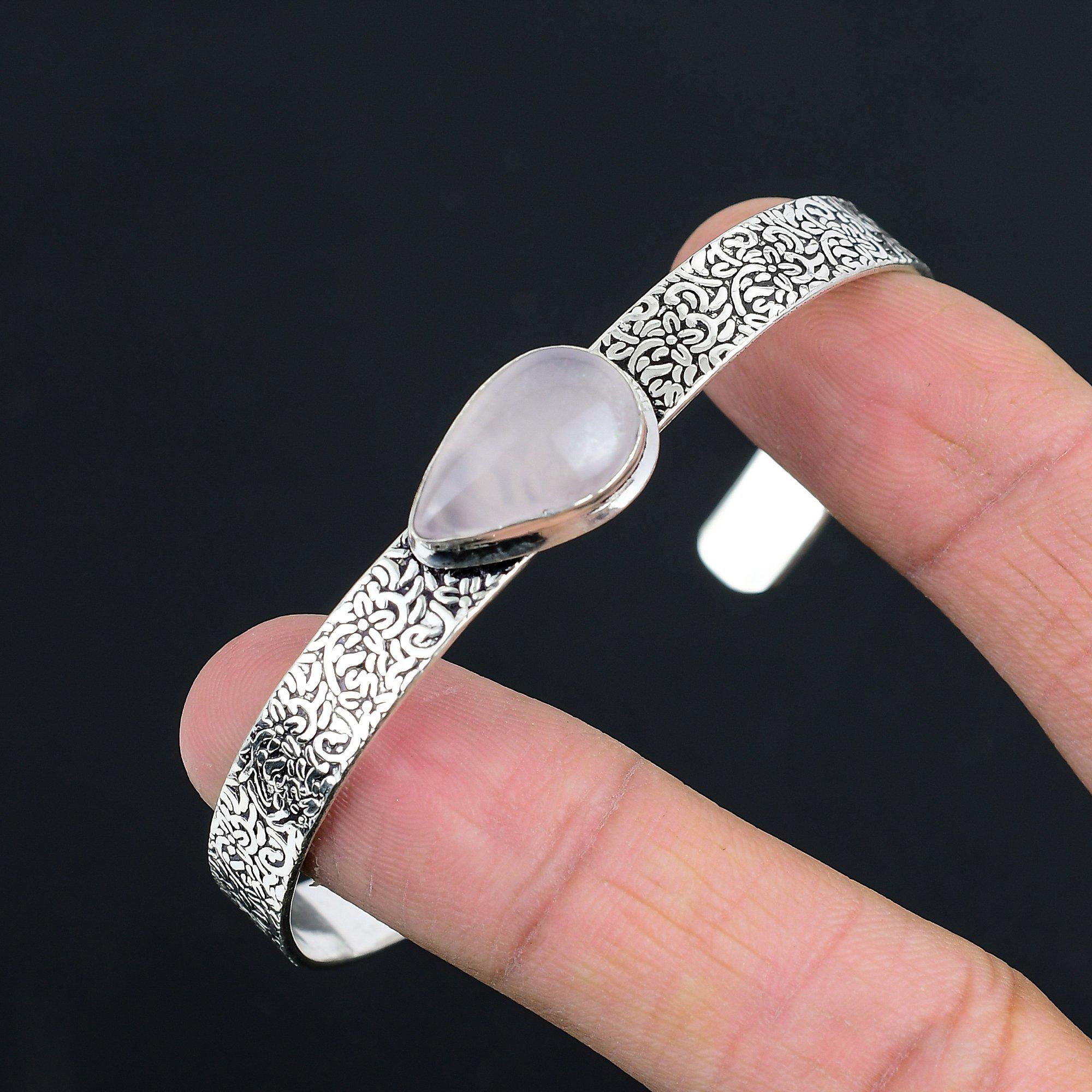 Friendship Day Sale 925 Silver Pear Rose Quartz Stone Anniversary Bangle Jewelry