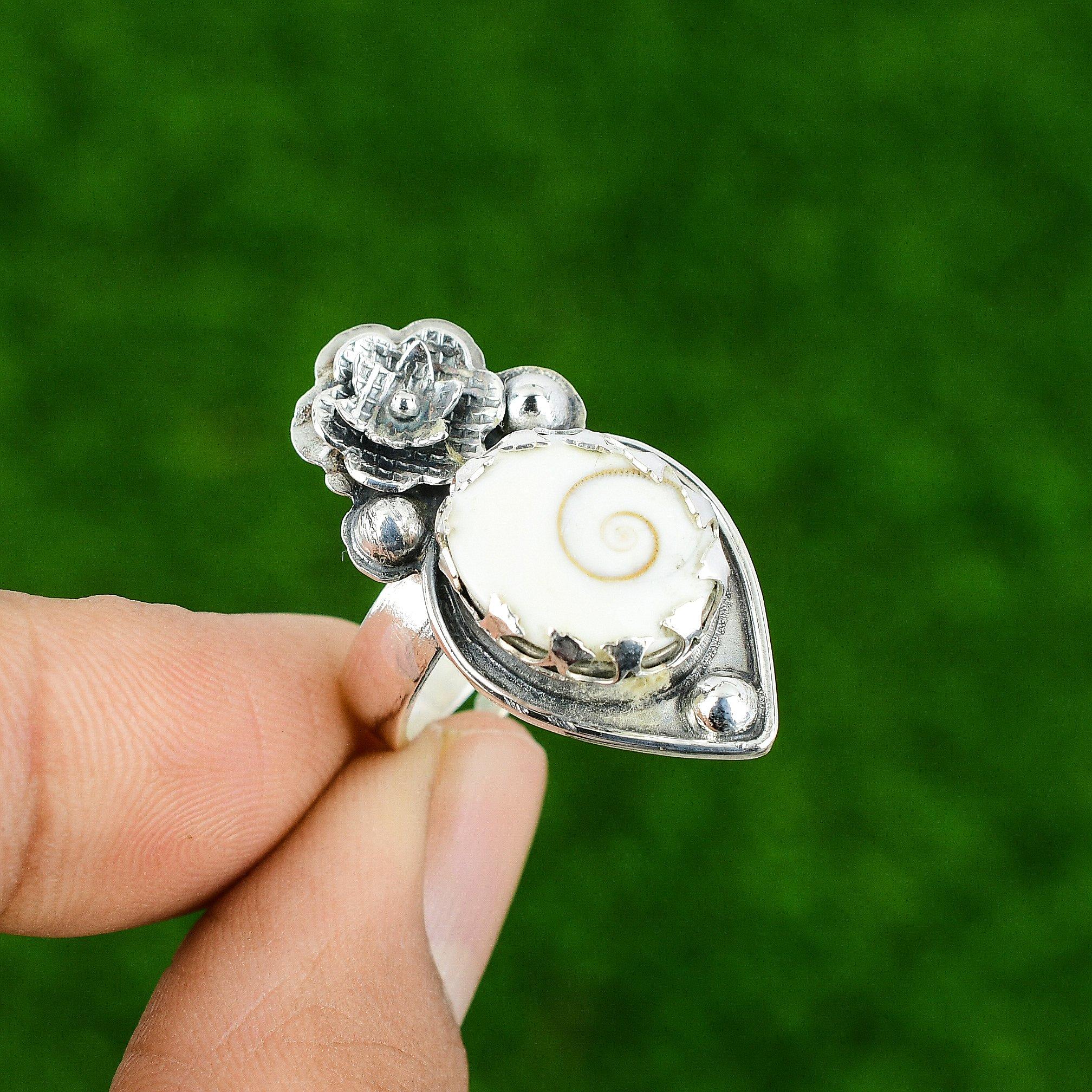 Gift For Her 925 Silver Natural Shiva Eye Shell Promise Flower Adjustable Ring