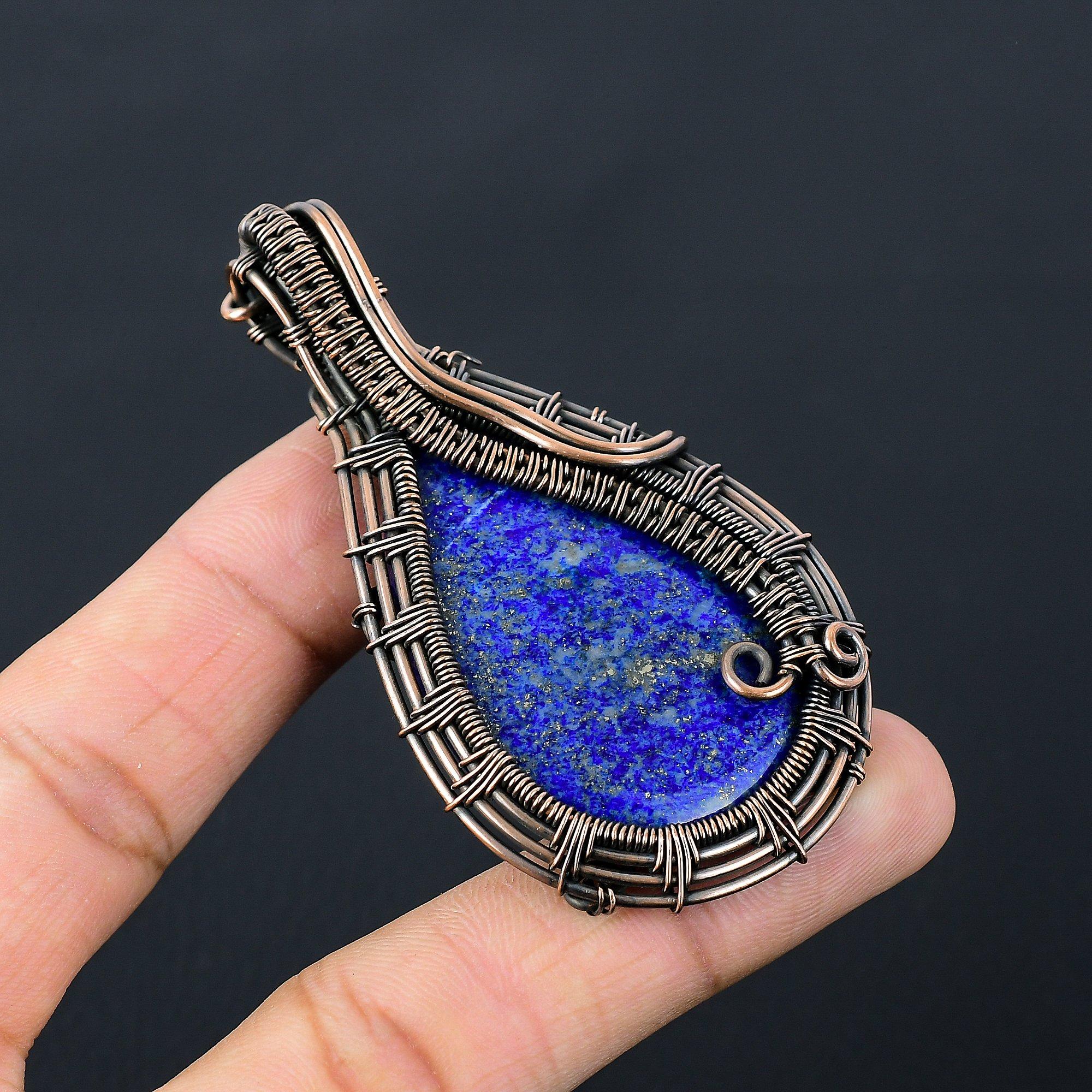 Lapis Lazuli Gemstone Pure Copper Wire Wrapped Handmade Pendant Jewelry Gift