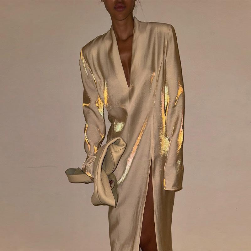 Casual Glitter Long Dress Women Loose V-neck Full Sleeve Front Split Ankle-length Dresses Female 2025 Spring Summer Lady Dress