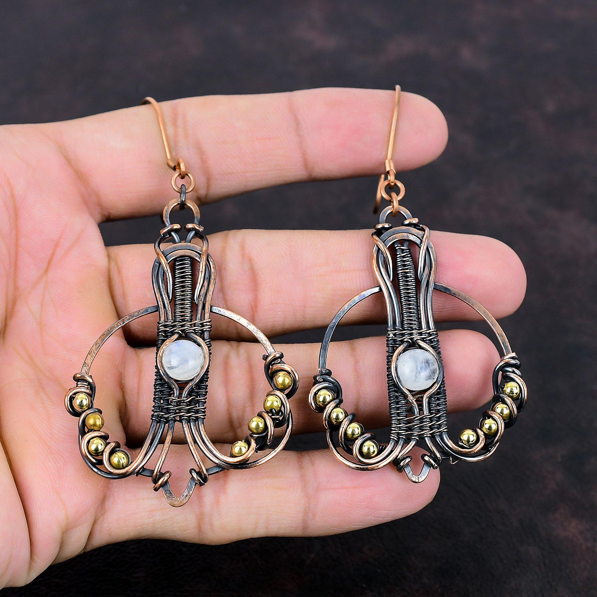 Rainbow Moonstone Earring Copper Wire Wrapped Earrings Antique Copper Jewelry Handmade Gemstone Earrings Wire Wrapped Jewelry Gift For Women
