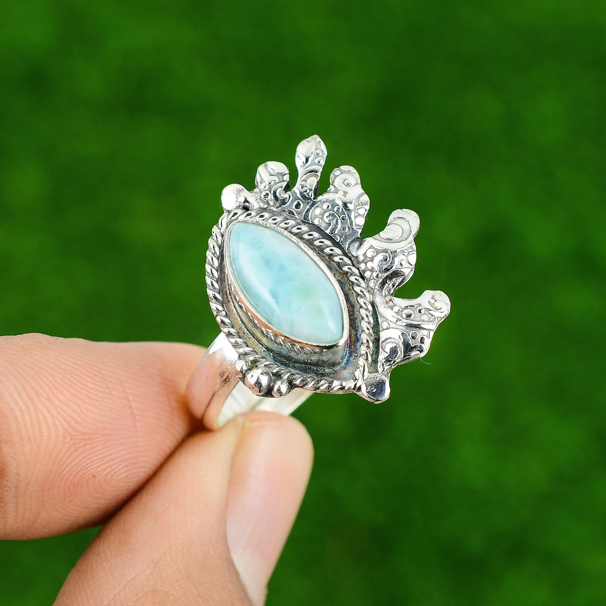 Anniversary Gift For Her Natural Larimar Multi Stone Adjustable Ring 925 Silver