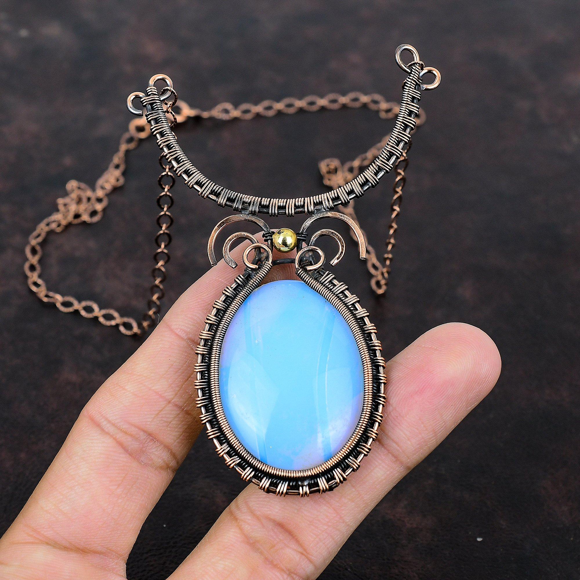 Milky Opal Necklace Copper Wire Wrapped Necklace Adjustable Necklace Gemstone Necklace Copper Wire Wrap Jewelry Handmade Necklace For Gift