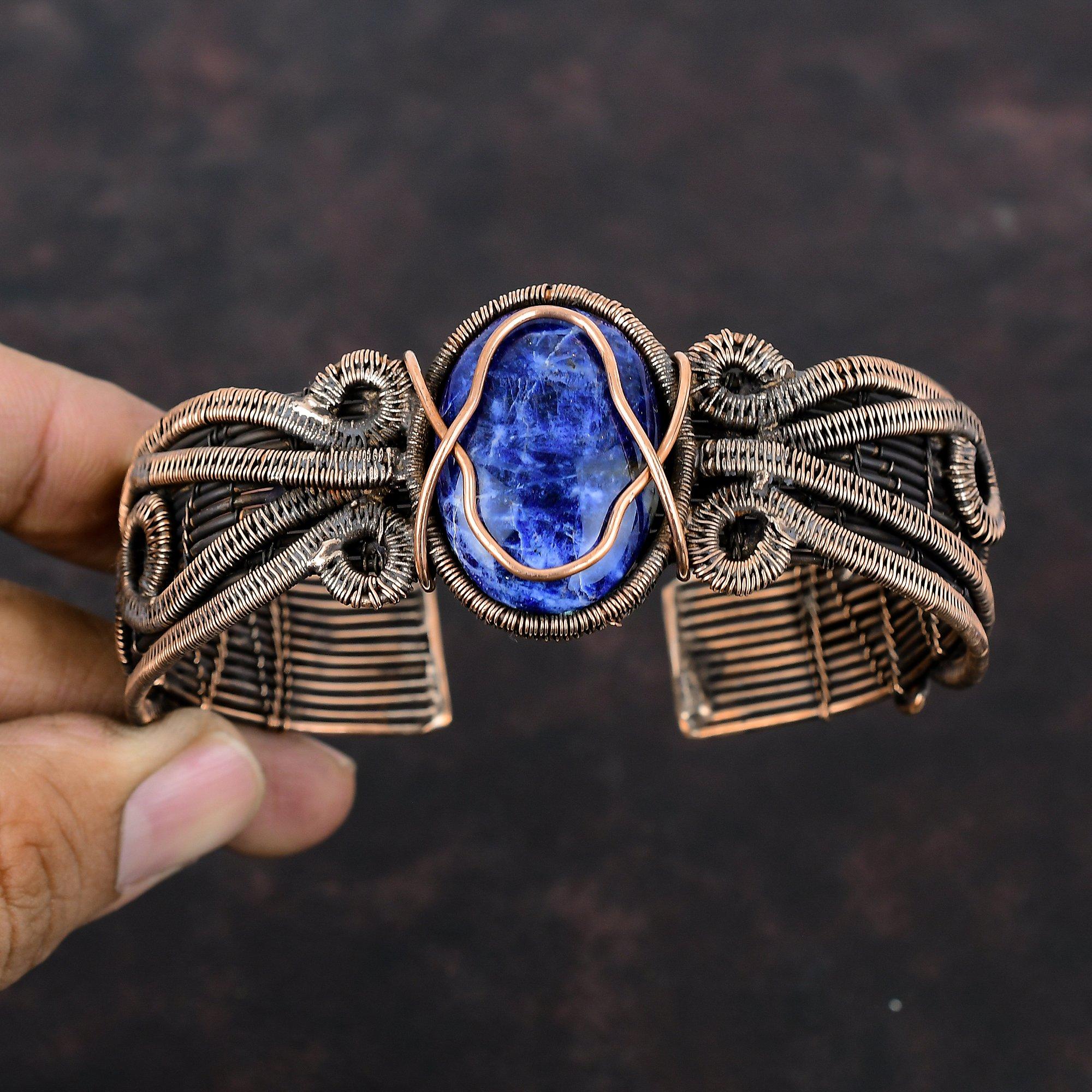 Sodalite Cuff Bracelet Gemstone Bangle Copper Wire Wrapped Adjustable Bangle Handmade Cuff Bracelet Copper Wire Wrap Jewelry Gift For Mother