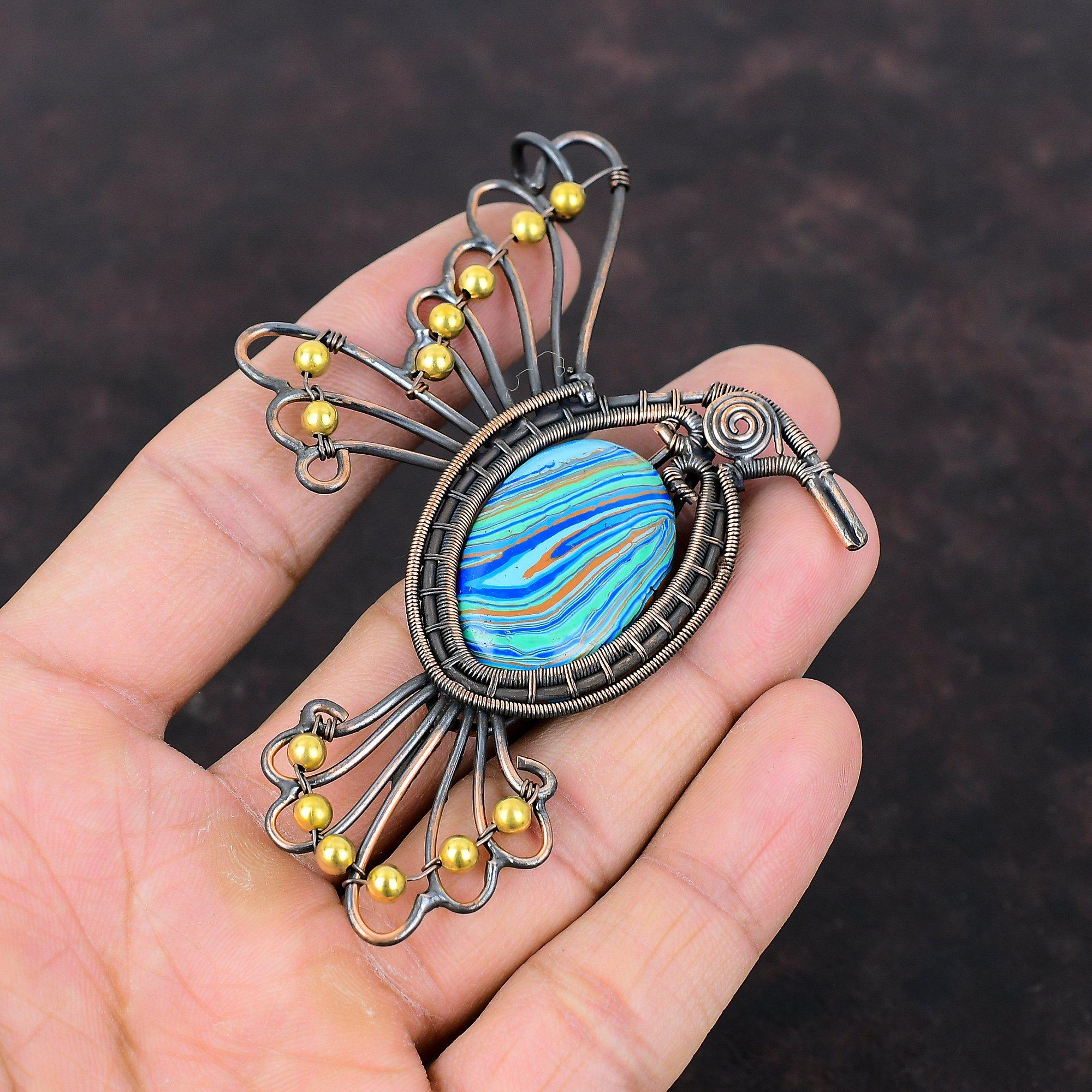 Rainbow Calsilica Pendant Copper Wire Wrapped Gemstone Pendant Stylish Pendant Copper Jewelry Engagement Gift Handmade Jewelry Bird Pendants