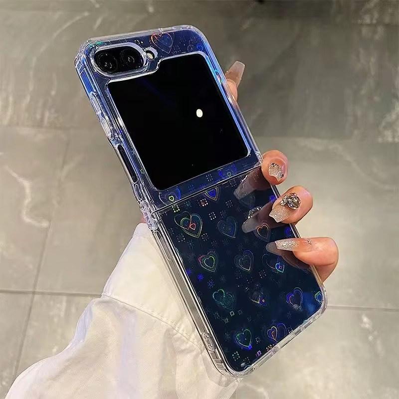 Gradient Laser Love Heart Pattern Clear Phone Case For Samsung Galaxy Z Flip 7 6 5 4 3 Zflip7 FE Glitter Bling Shockproof Cover