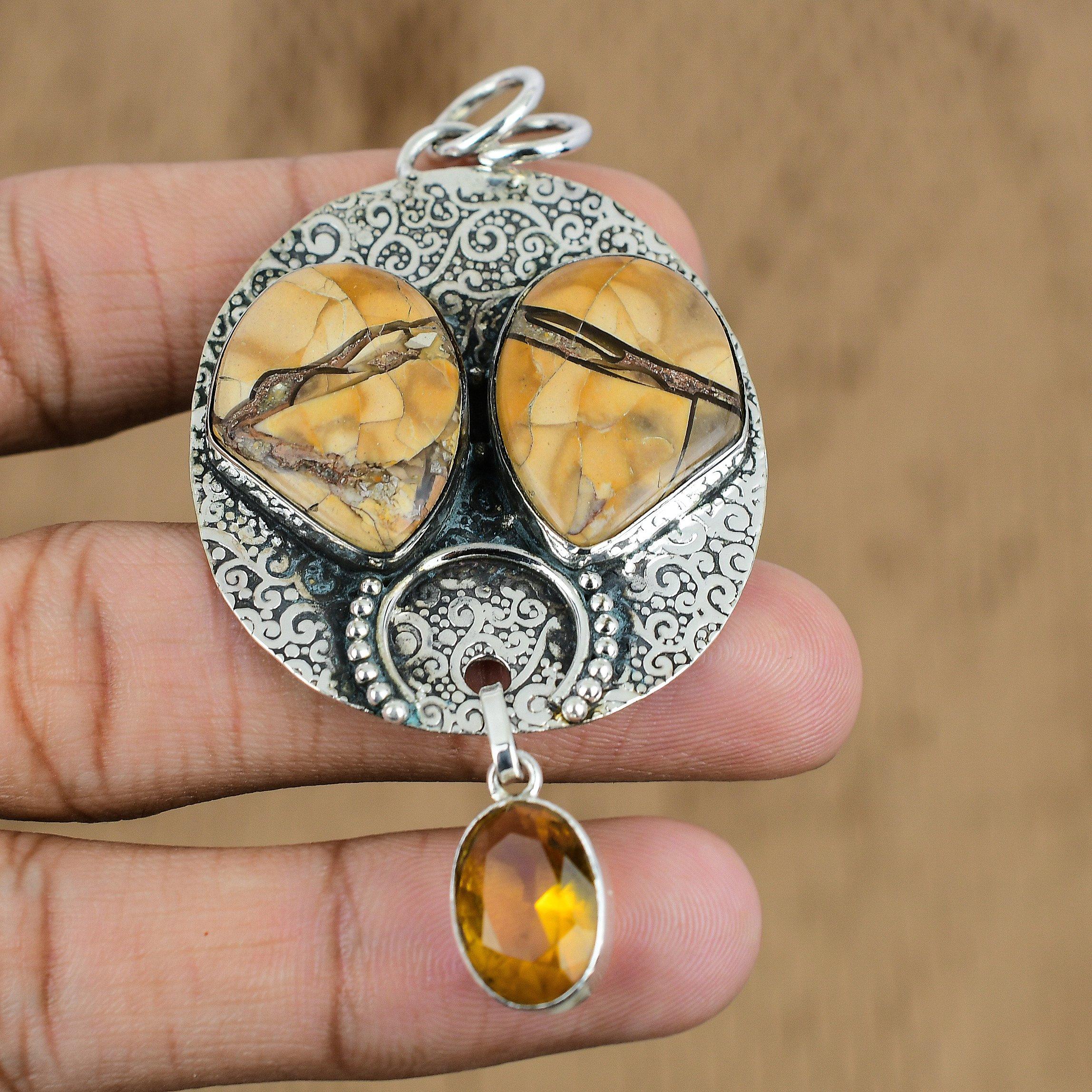 Brecciated Mookaite Gemstone Citrine Handcrafted Wedding Pendant Sterling Silver