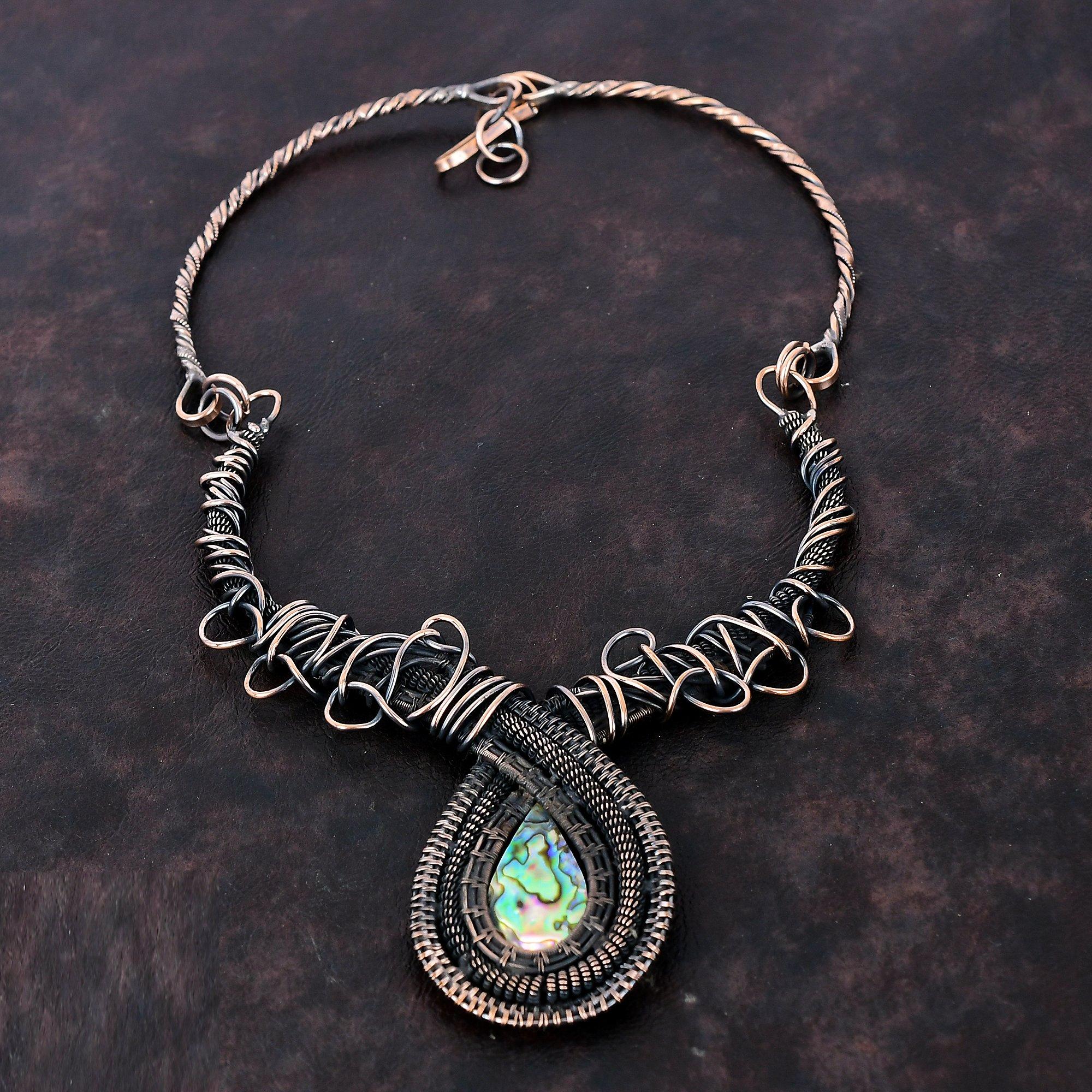 Abalone Shell Necklace Copper Wire Wrapped Gemstone Jewelry Adjustable Necklace Handmade Jewelry Copper Wire Wrap Necklace Jewelry For Gift
