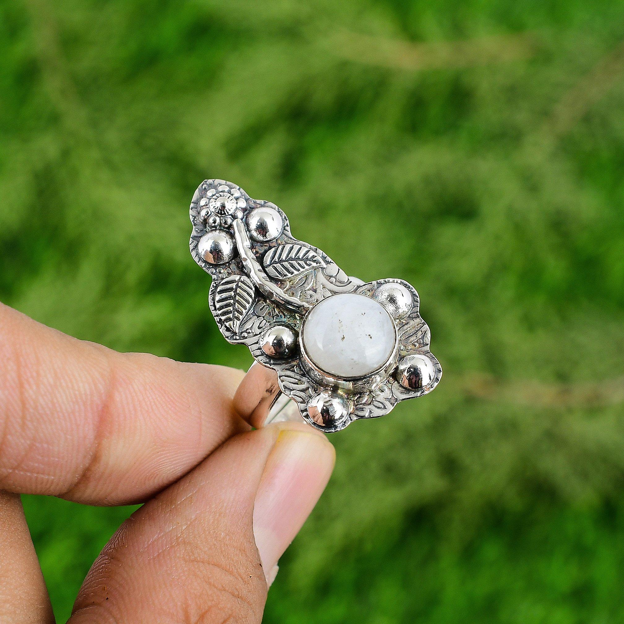 Sterling Silver Rainbow Moonstone Stone Promise Stackable Flower Daughter Ring