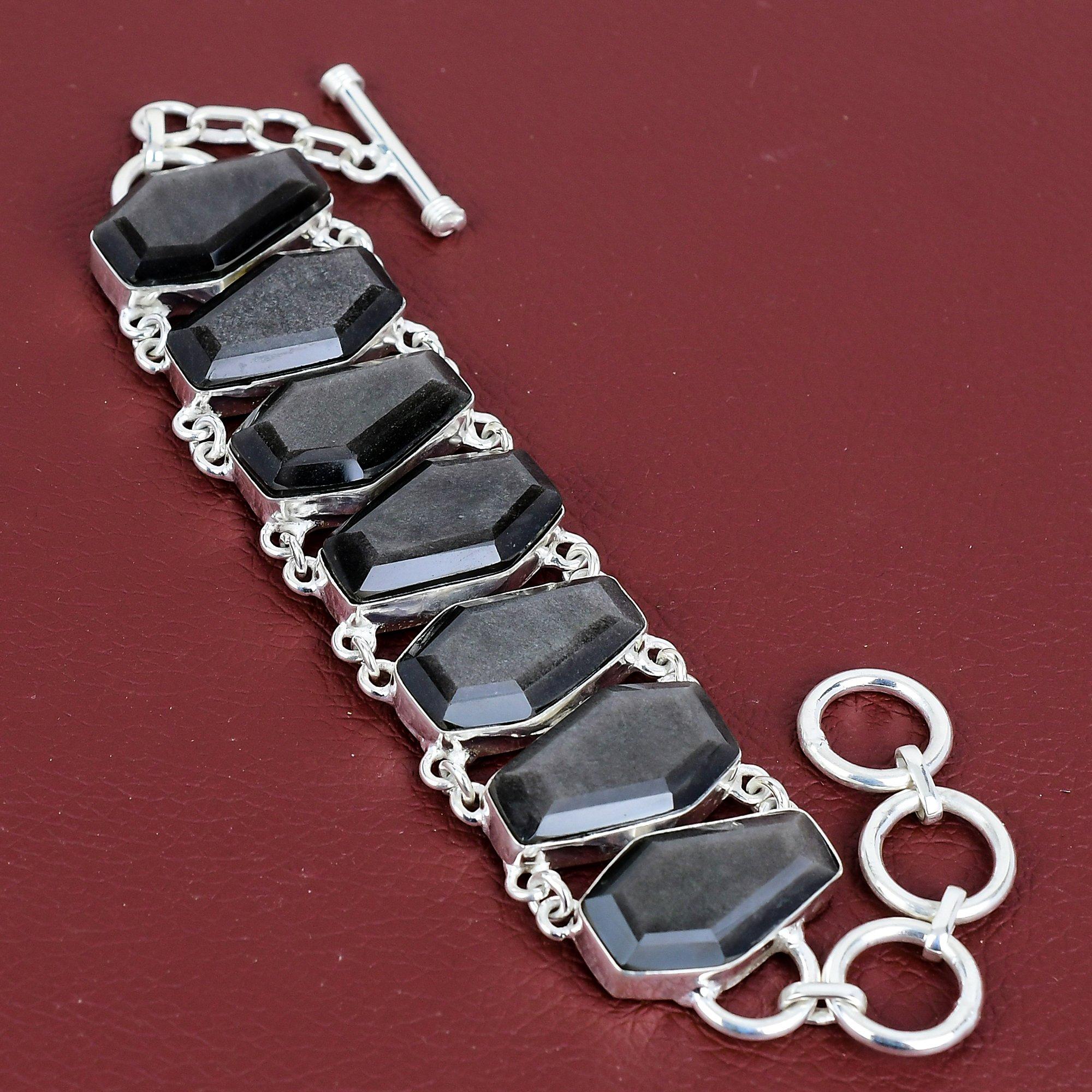 Faceted silver sheen obsidian bracelet gemstone jewelry 925 sterling silver bracelet adjustable chain bracelet handmade bracelet for gifts