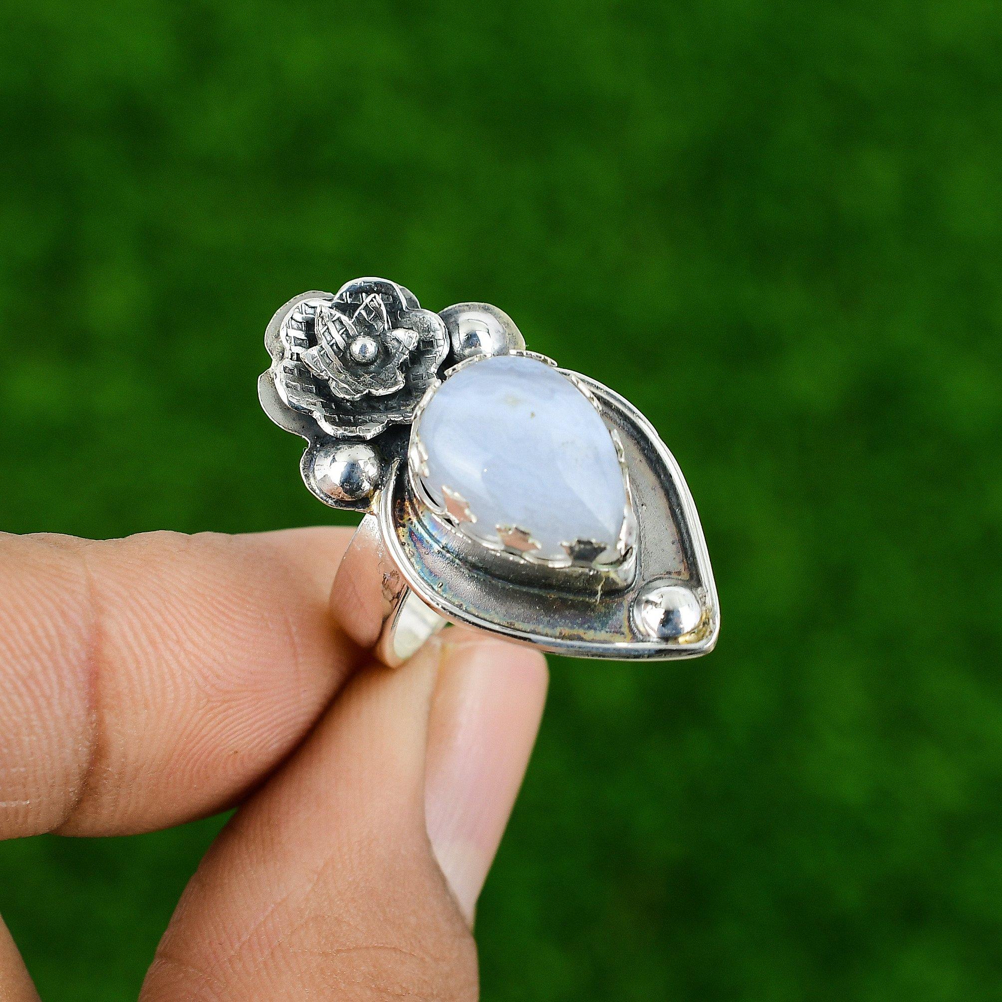 Gift For Her Natural Blue Lace Agate Statement Flower Adjustable Ring 925 Silver