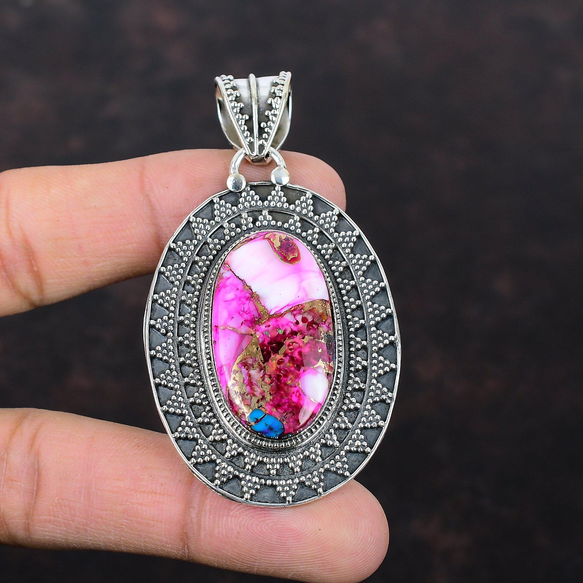 Natural Kingman Pink Dahlia Turquoise Pendant 925 Sterling Silver Pendant Beautiful Gemstone Jewelry Handmade Vintage Pendant Gift For Women