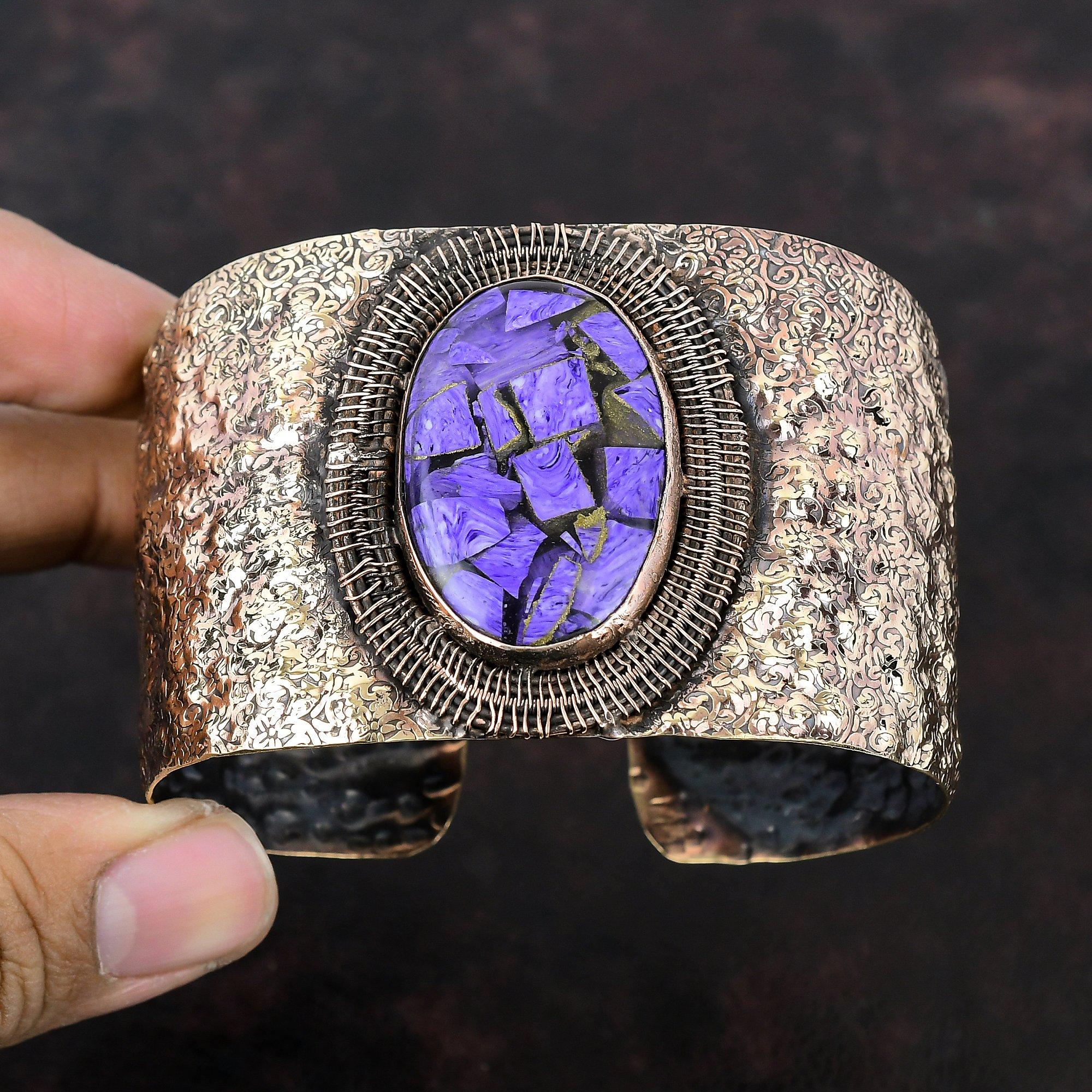 Kupfer Charoit Armreif Kupferdraht gewickelter Armreif Verstellbarer Armreif Kupferdraht Schmuck Handgefertigter Edelstein Armreif Geschenke für Ihn