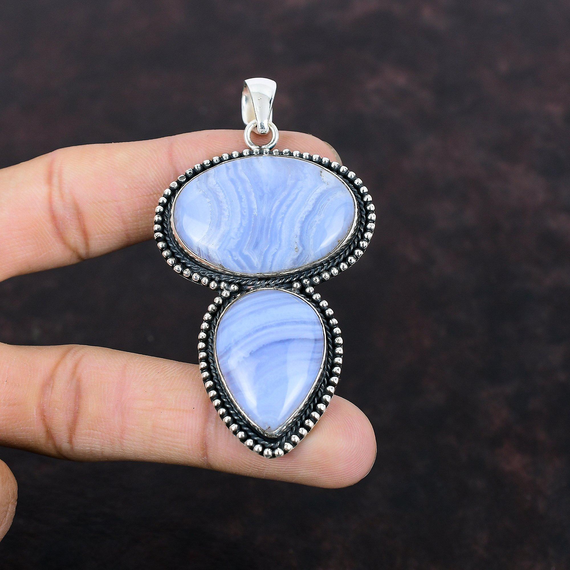 Blue Lace Agate Pendant 925 Sterling Silver Pendant Unique Gemstone Jewelry Vintage Pendant Handmade Jewelry Gift For Bridal Amazing Pendant