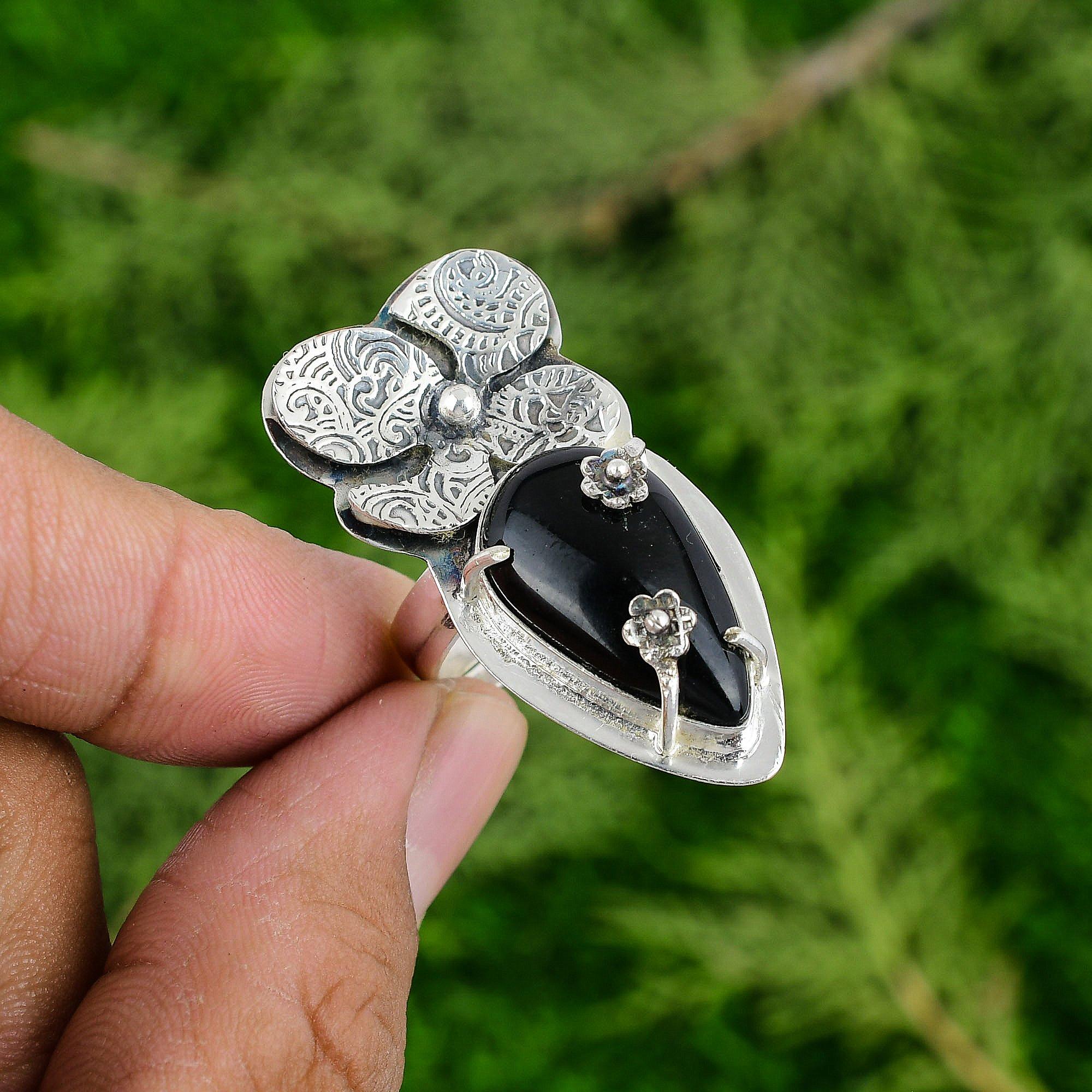Root Chakra Black Onyx Gemstone Trendy Bezel Wife Flower Ring Jewelry 925 Silver