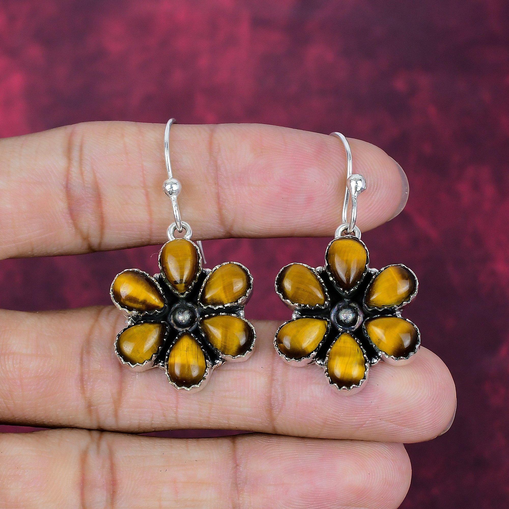 Tiger's Eye Gemstone Handmade Solid 925 Sterling Silver Earring Jewelry, For Memorial Day
