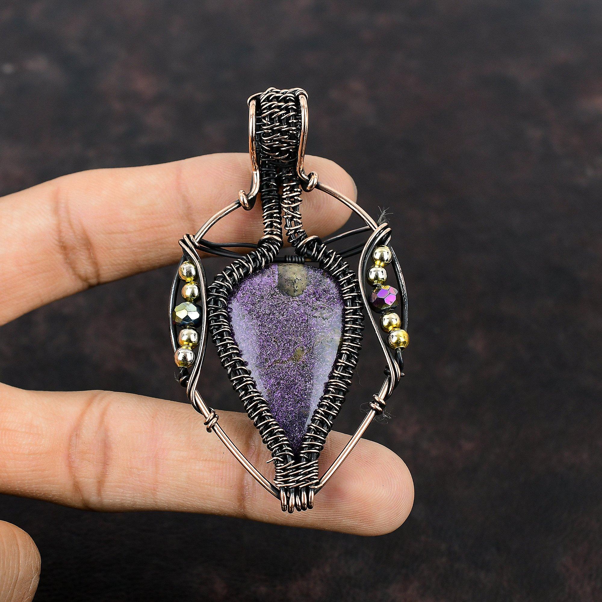 Purpurite Gemstone Pendant Copper Wire Wrapped Pendant Handmade Ethnic Pendant Titanium Beads Pendant Copper Wire Wrap Jewelry Gift For Mom