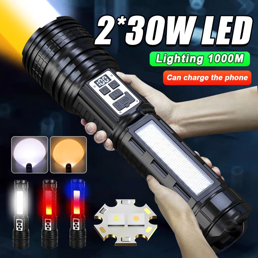 Lanterna LED de duas luzes Lanternas recarregáveis de alta potência Bateria embutida Lanterna com zoom Lâmpada à prova d'água Iluminação