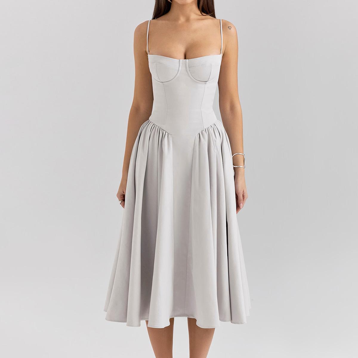 Elegant Spaghetti Strap Midi Dress Slim A Line Party Dresses Sleeveless Birthday Pleated Fairy Slip Corset Sundress