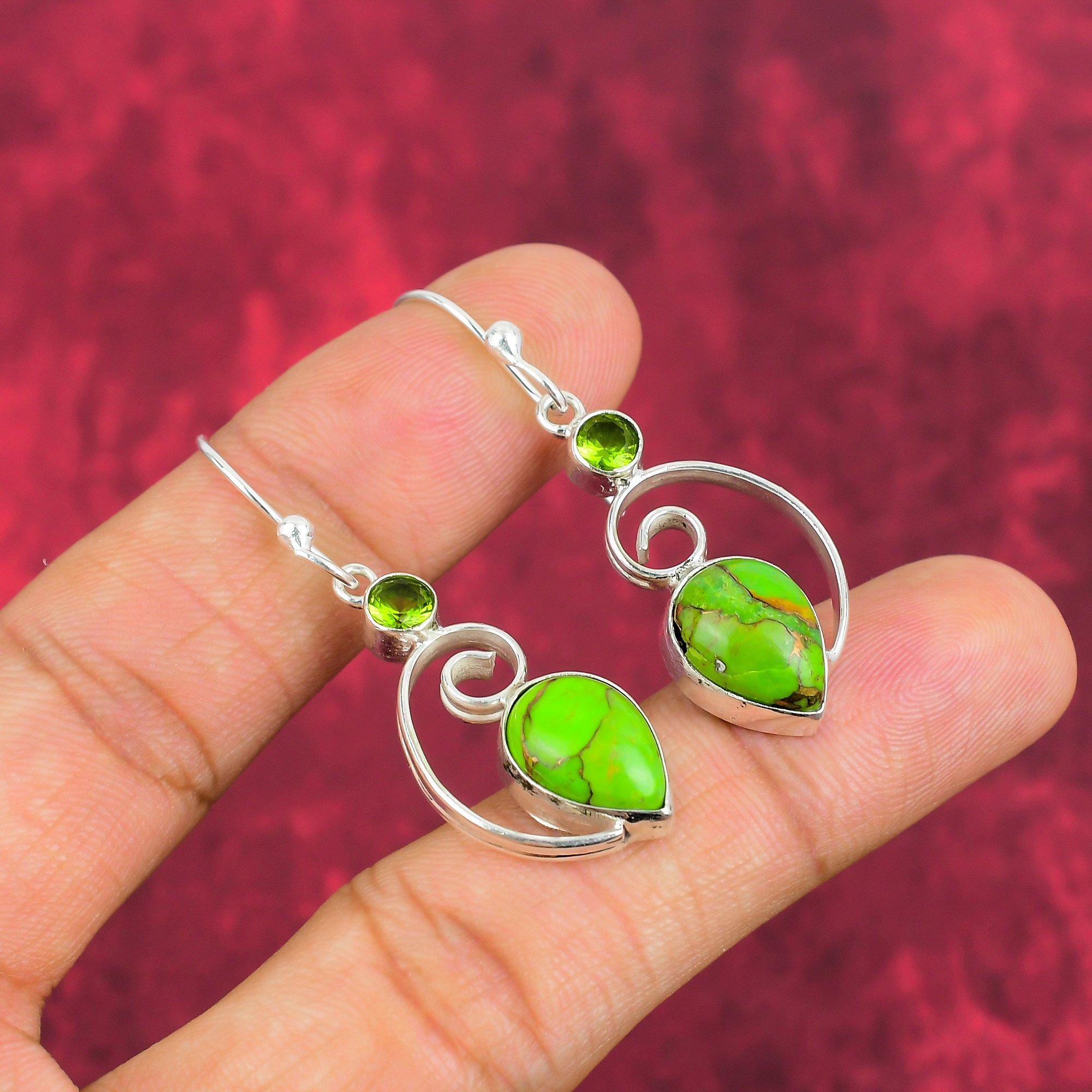 Green Copper Turquoise, Peridot Earrings Gemstone Jewelry, 925 Solid Sterling Silver Handmade Earrings, Latest Design Jewelry