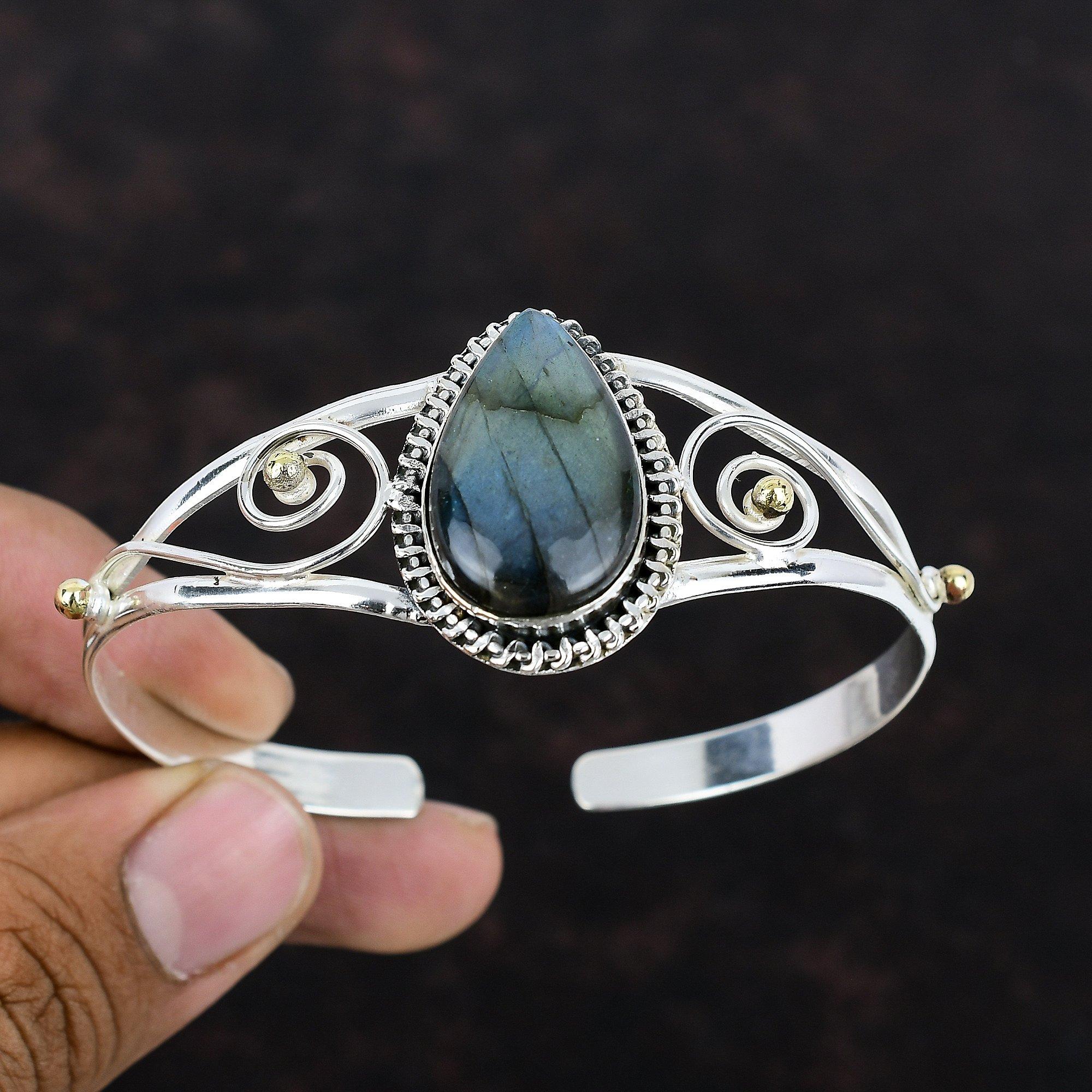 Labradorite Gemstone Cuff Bracelet 925 Sterling Silver Bangle 18K Gold Plated Adjustable Bangle Handmade Designer Bracelet Anniversary Gift