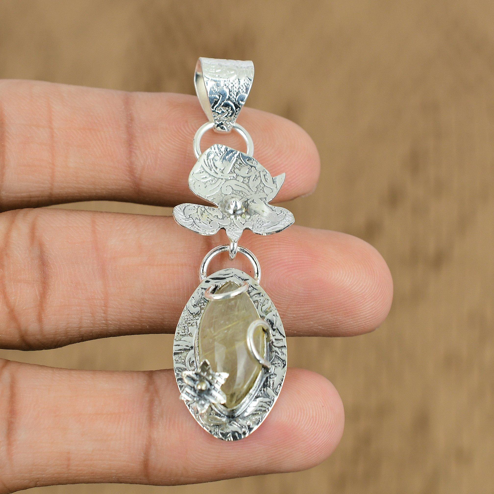 Oferta Día de la Mujer Piedra de Rutilo Dorado Plata 925 Compromiso Madre Colgante Joyería