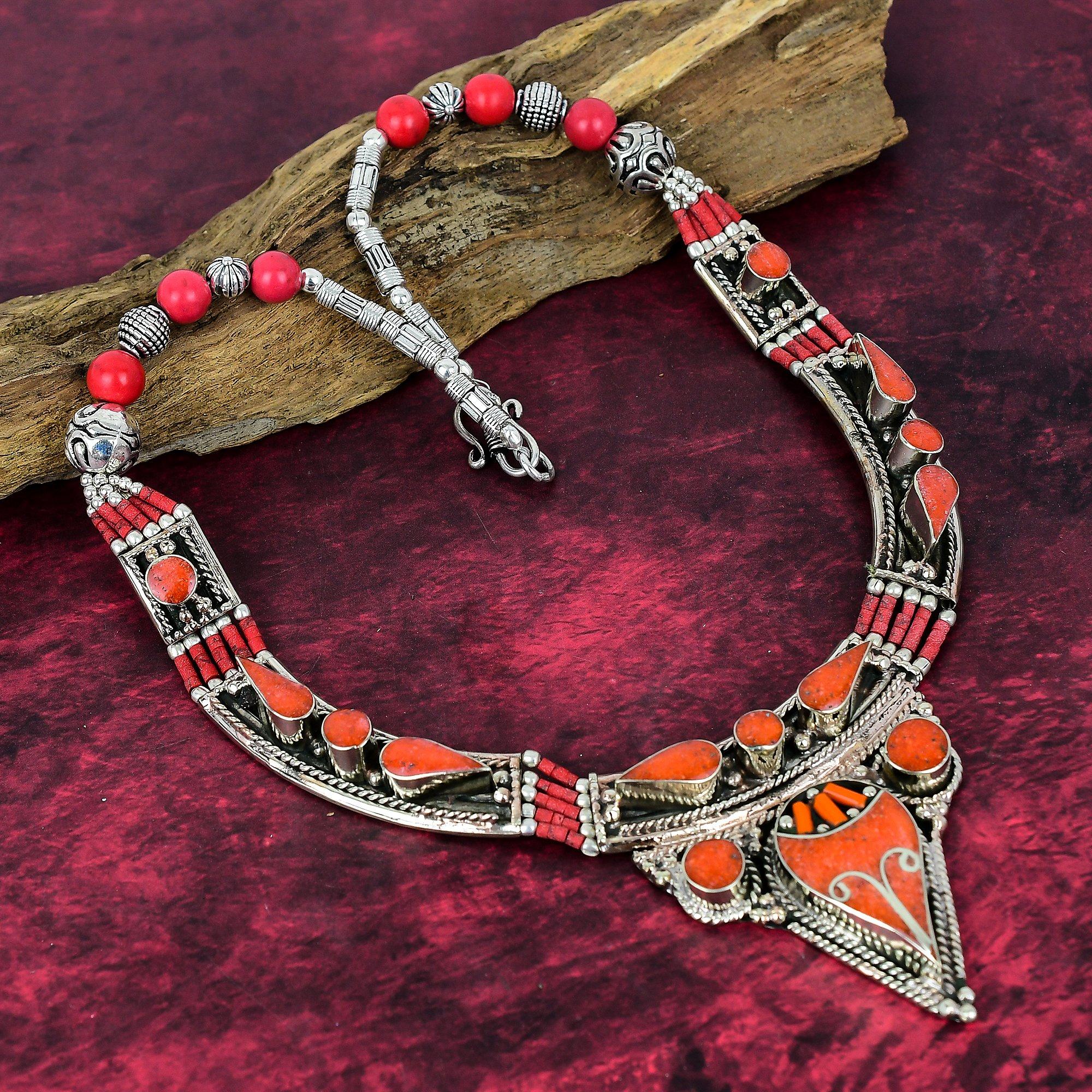 Coral Nepali Necklace Handmade Jewelry, 925 Solid Sterling Silver Necklace Designer Gemstone Jewelry Adjustable Chain Necklace