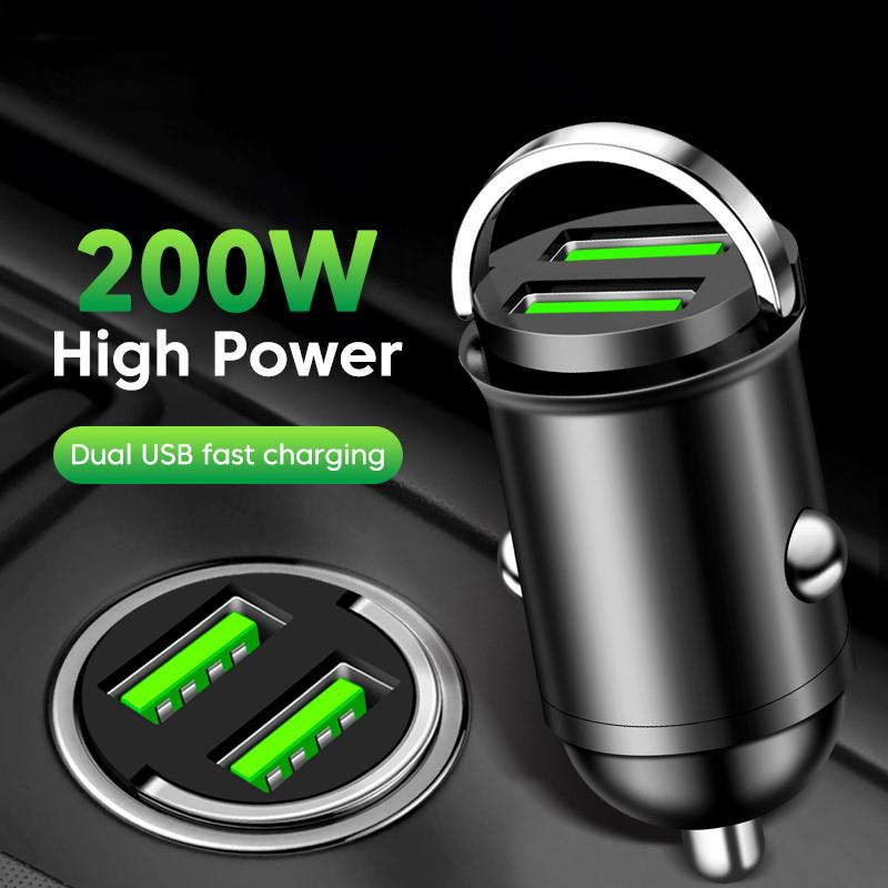 200W Mini Dual Ports USB Billaddare Lättare Snabbladdning Biltelefonladdare Adapter för iPhone 13 12 Xiaomi Huawei Samsung