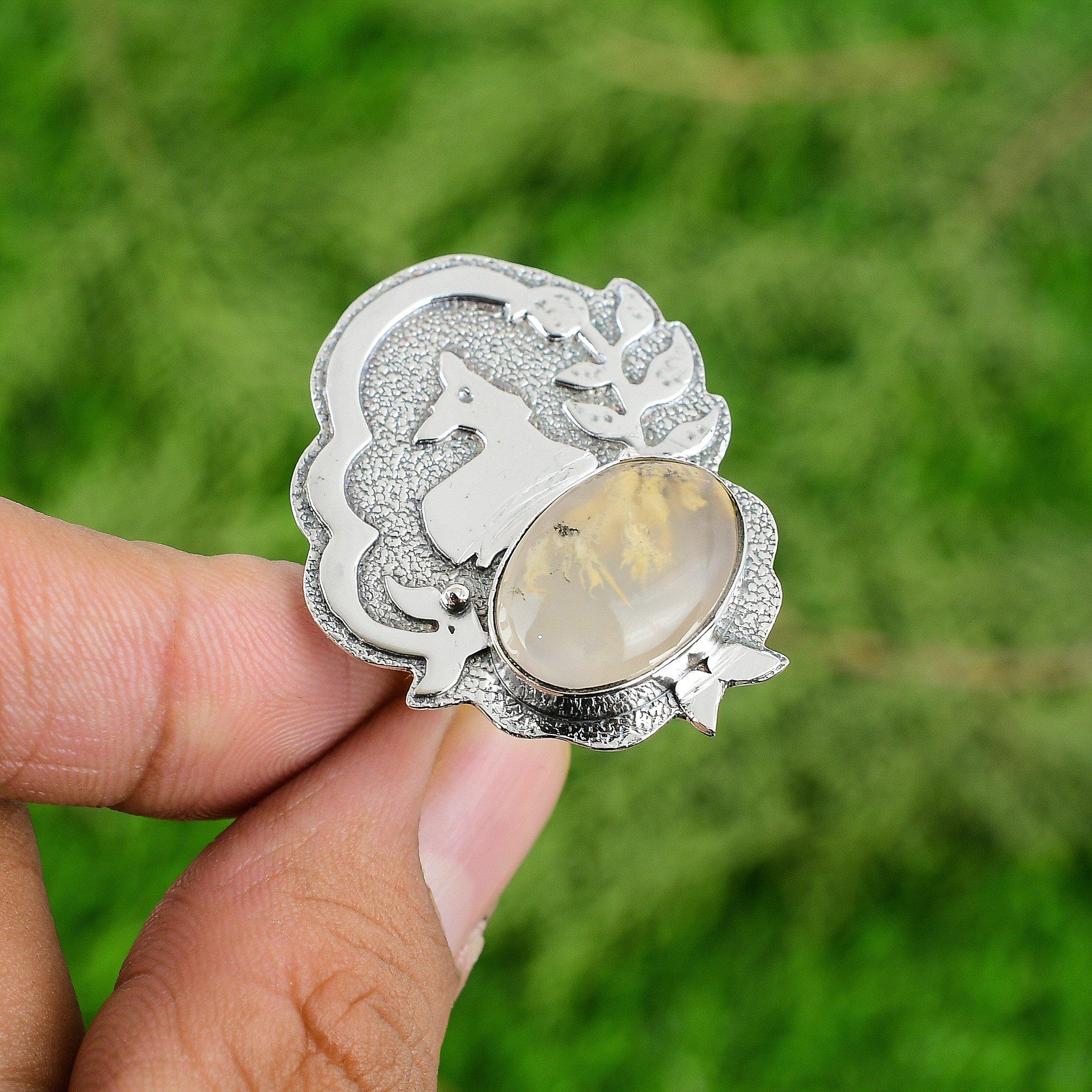 Oval Plume Agate Stone Daughter Bezel Stackable Statement Ethnic Ring 925 Silver