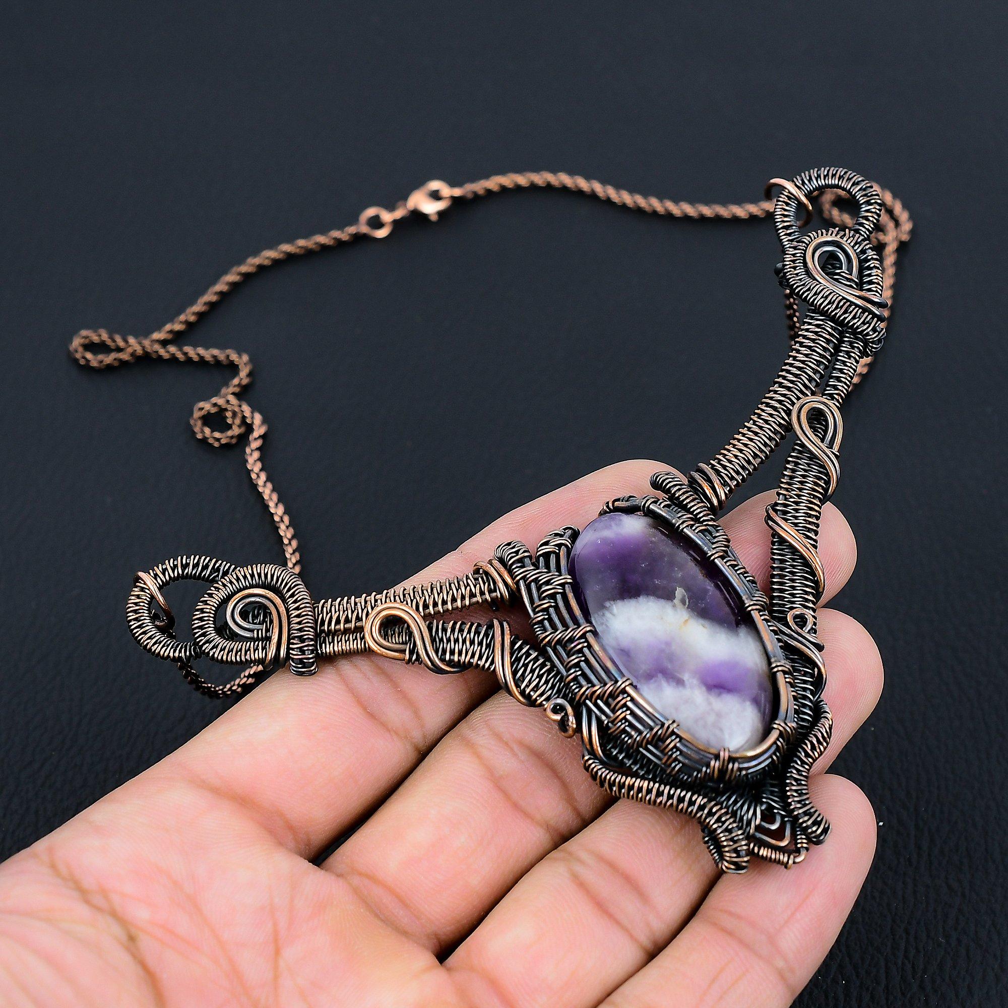 Sage Amethyst Gemstone Pure Copper Wire Wrapped Handmade Necklace Jewelry