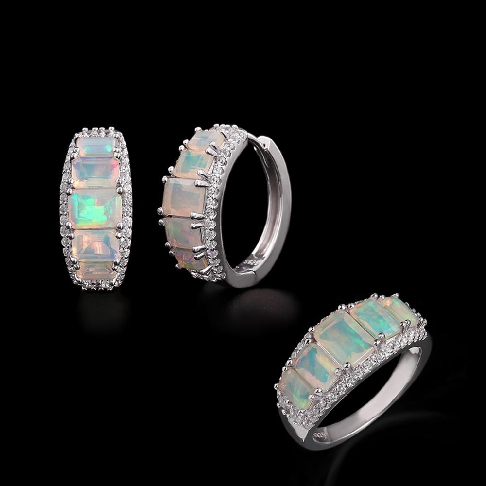 Women's 925 Sterling Silver Jewelry Set Octagonal Opal 6.1CT Natural Gemstones Simple Design Clasp Earrings Rings for Fine Gifts