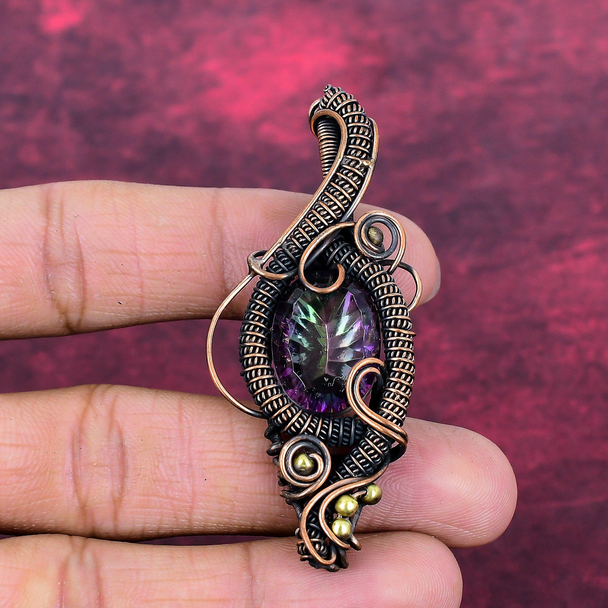 Rainbow Mystic Topaz Pendant Copper Wire Wrapped Jewelry Dainty Gemstone Pendant