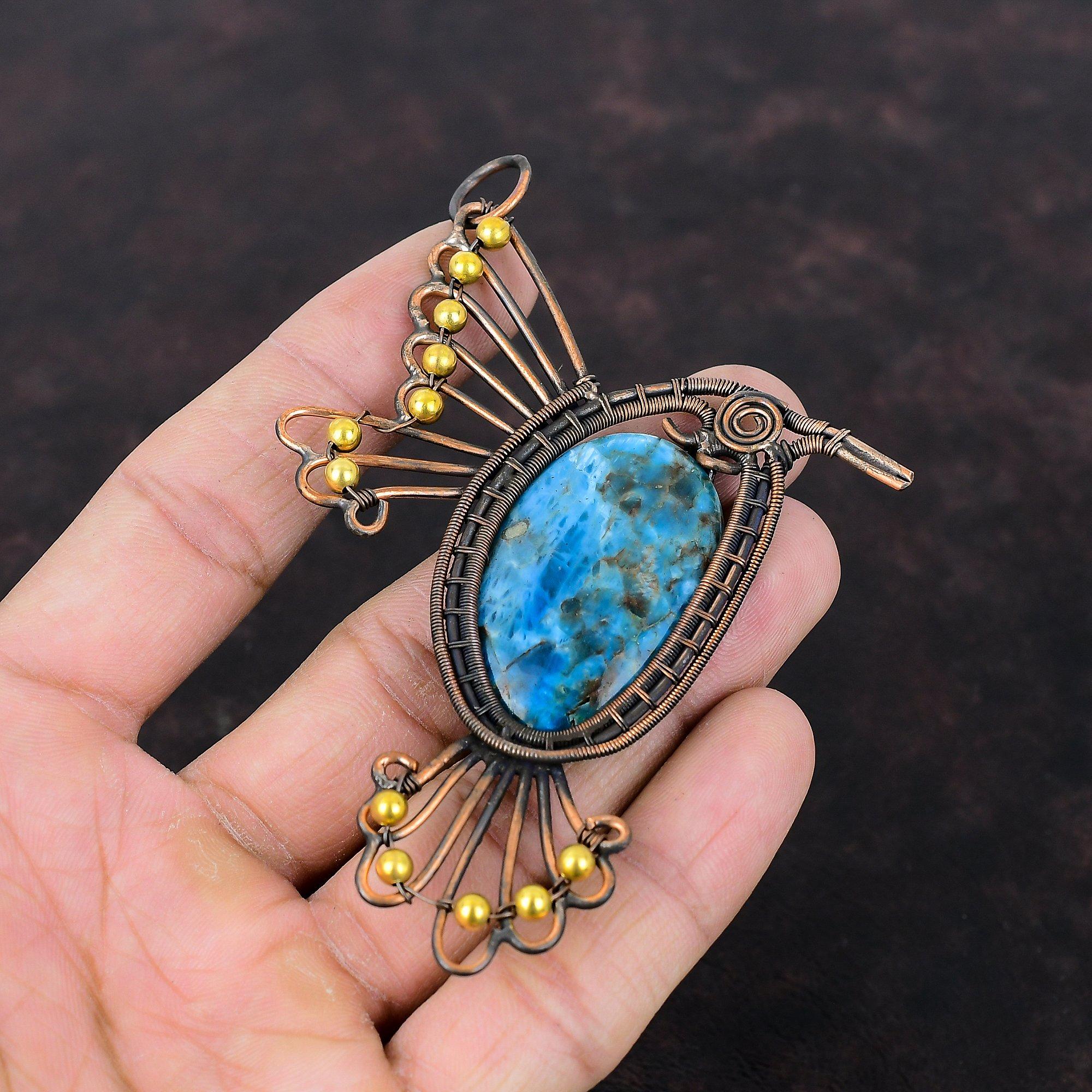 Pandantiv Apatit Neon Pandantiv Înfășurat în Sârmă de Cupru Pandantiv Făcut Manual Bijuterii Frumoase din Cupru Pandantiv Delicat cu Pasăre Bijuterii cu Pietre Prețioase Cadou Pentru El