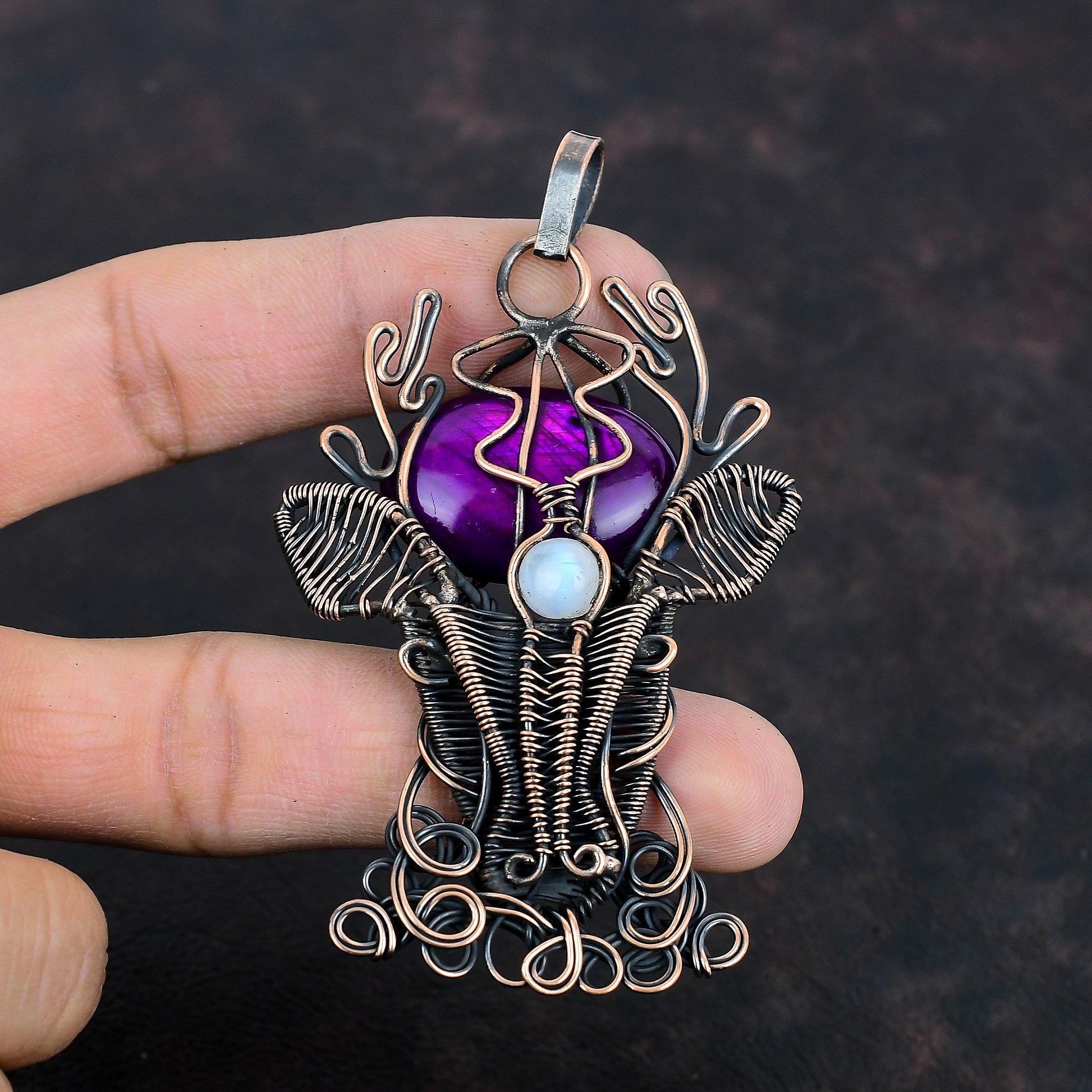Purple Fire Labradorite Pendant Copper Wire Wrapped Gemstone Pendant Rainbow Moonstone Pendant Deer Face Pendant Handmade Jewelry For Gifts