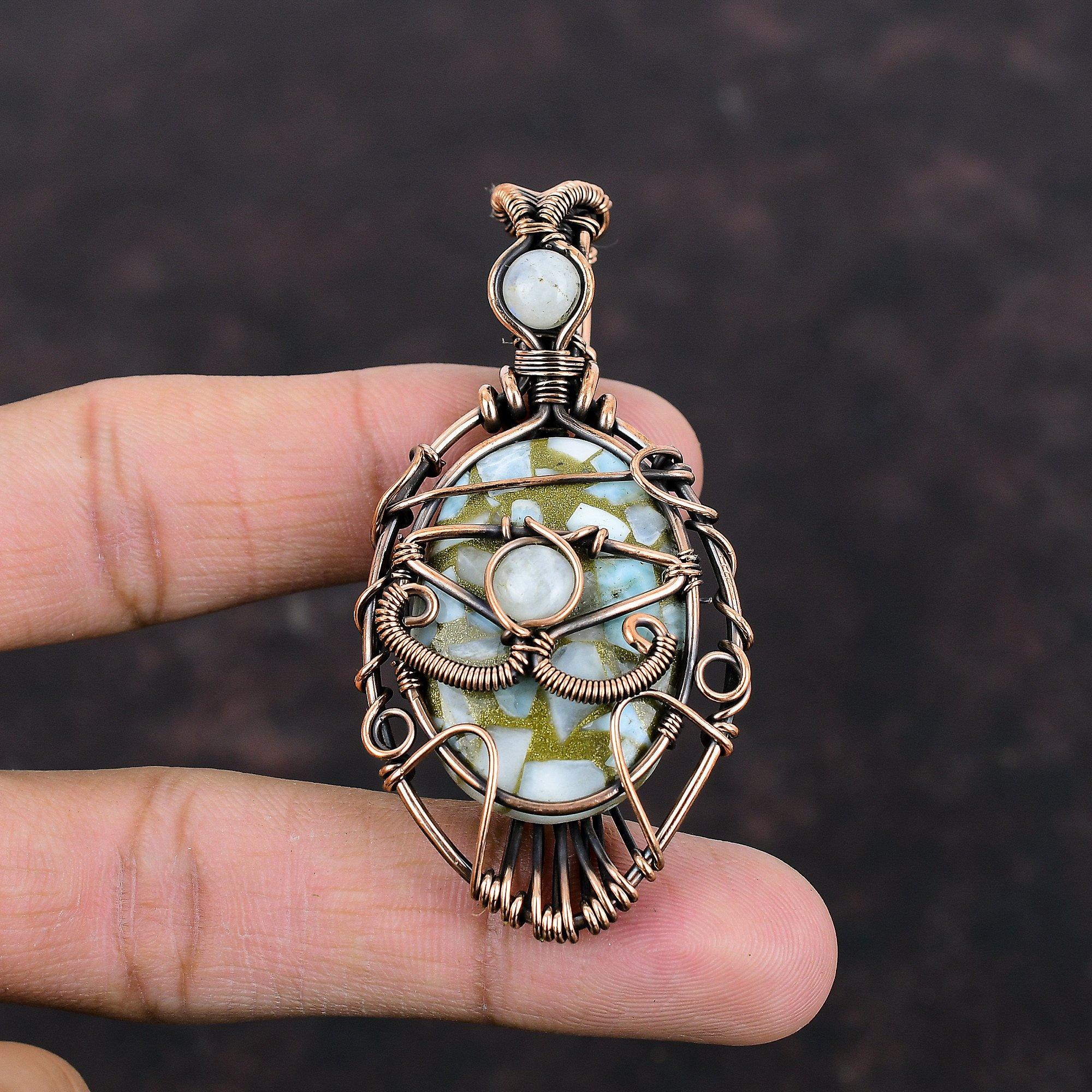 Böses Auge Kupfer Larimar Anhänger Kupferdraht umwickelter Edelsteinanhänger Handgefertigter Böses Auge Schmuck Zarter Regenbogenmondstein Anhänger Geschenk für Ihn