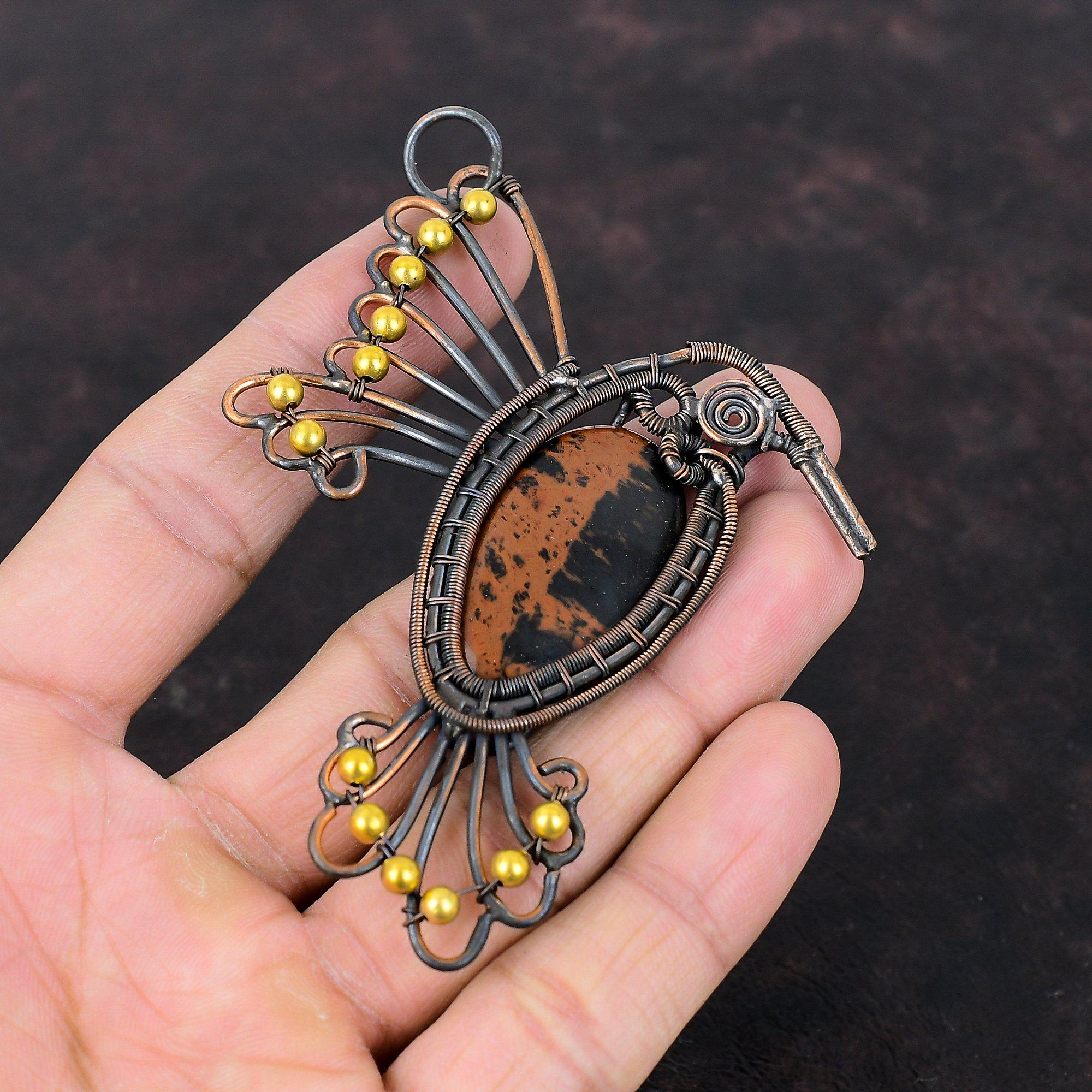 Mahagoni Obsidian Anhänger Kupferdraht umwickelter Anhänger Antik Kupferschmuck Handgefertigt Eleganter Anhänger Edelsteinschmuck Zum Geschenk Vogelanhänger