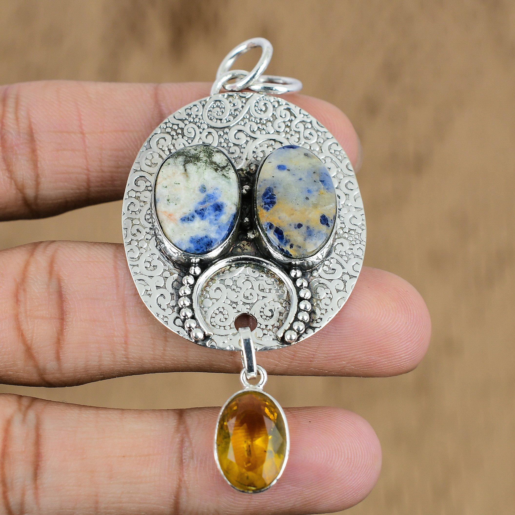 Sodalite Gemstone Citrine Sterling Silver Anniversary Handcrafted Trendy Pendant