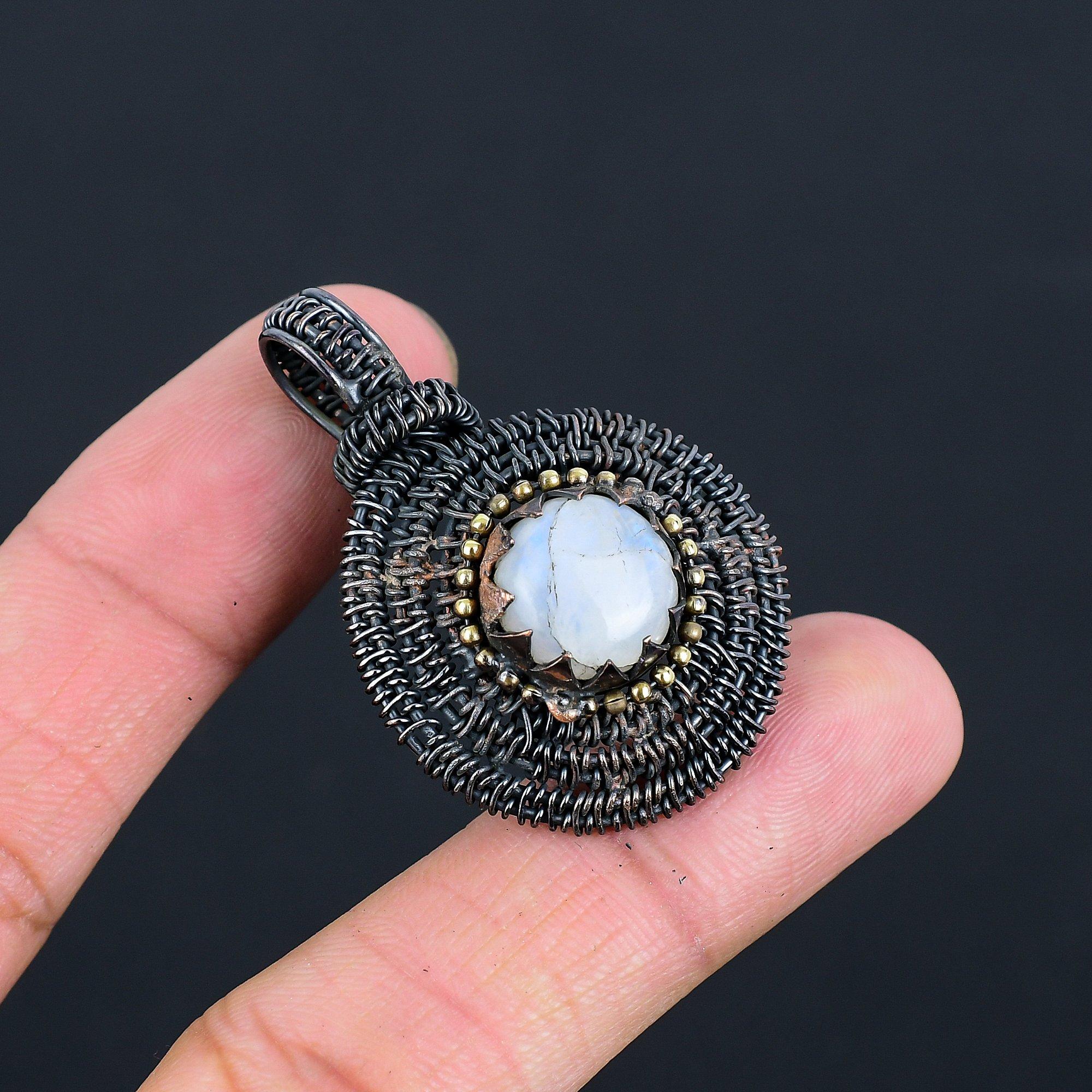 Rainbow Moonstone Gemstone Handmade Copper Wire Wrap Pendant For Her