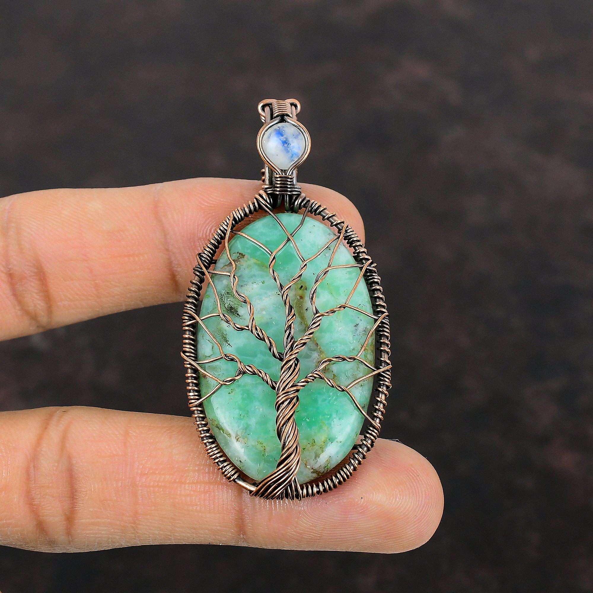 Pendentif Arbre de Vie Chrysoprase Bijou Enveloppé de Fil de Cuivre Pierre Précieuse Pendentif en Cuivre Bijou Pierre de Lune Arc-en-Ciel Cadeau pour Lui Pendentif Fait Main