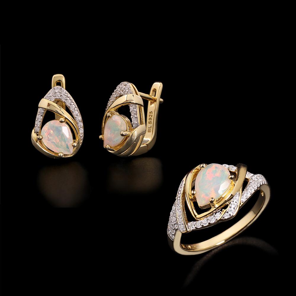 Light luxury 925 sterling silver women's jewelry set natural opal pear 6*8mm gemstones earrings ring for Birthday Banquet wear