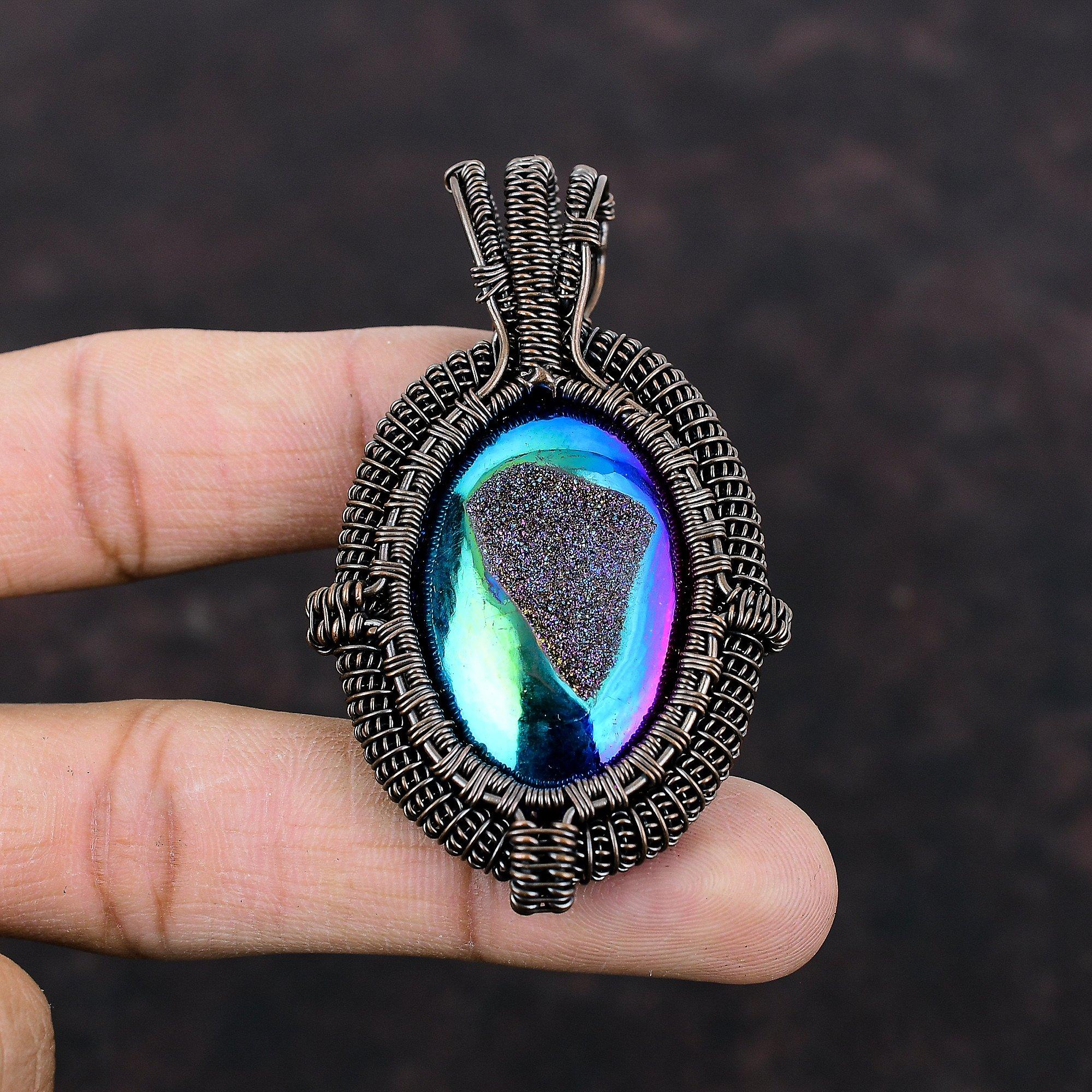 Titanium Druzy Pendant Copper Wire Wrapped Pendant Handmade Stylish Pendant Titanium Druzy Jewelry Gemstone Pendant Copper Jewelry For Gift
