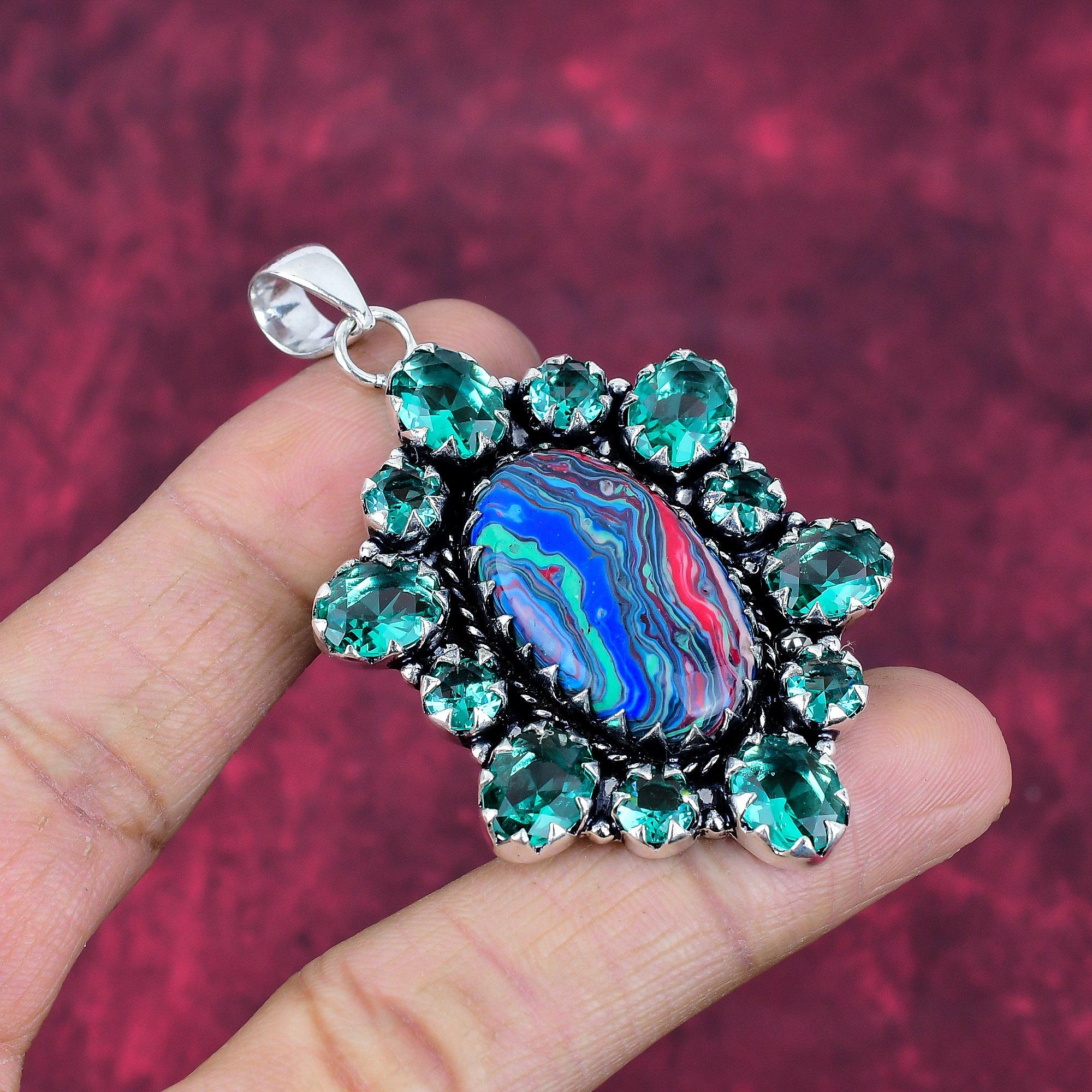 Rainbow Calsilica, Aqua Apatite Pendant Gemstone Jewelry, 925 Solid Sterling Silver Pendant, Handmade Jewelry Birthstone Pendant, Gift For Him