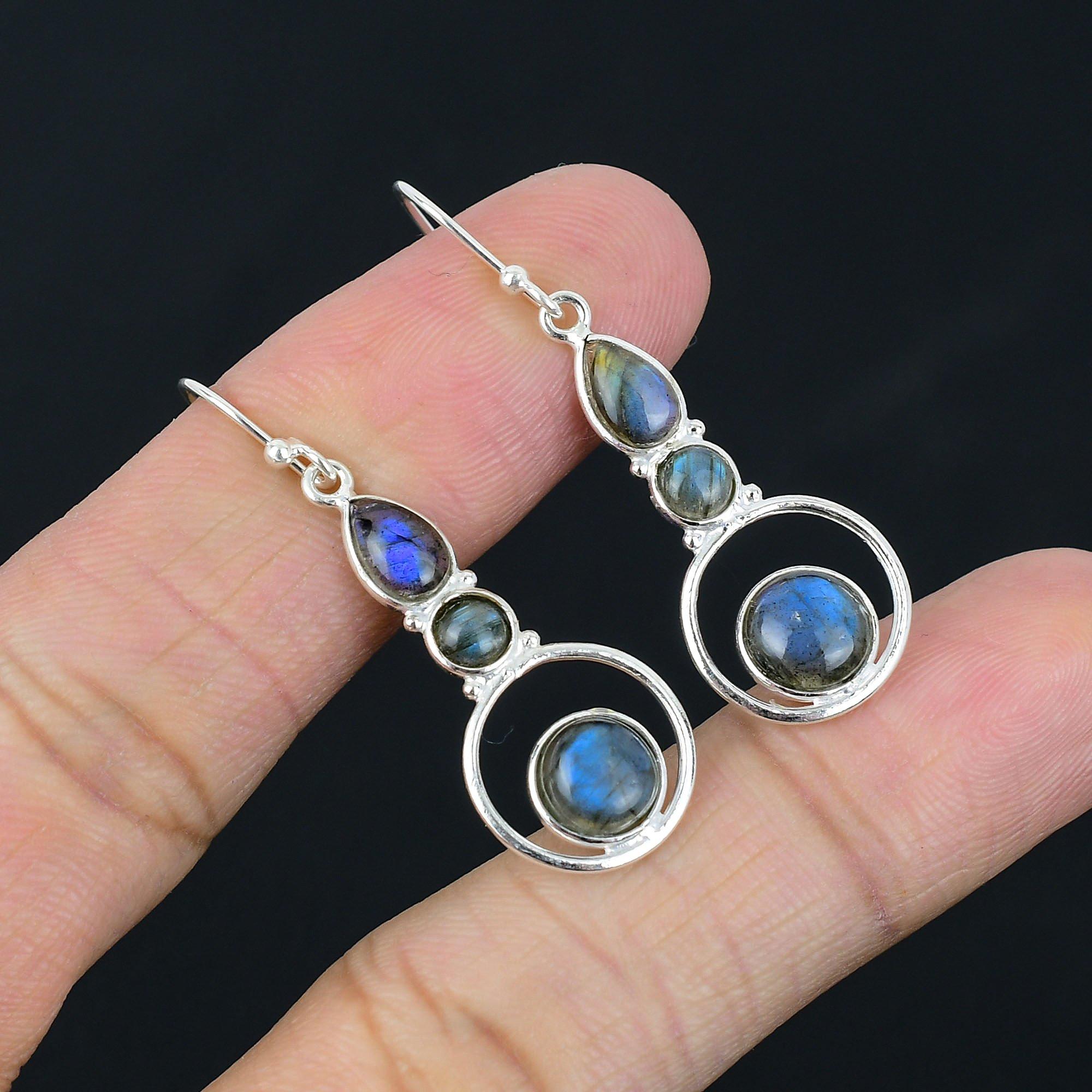 Natural Labradorite Gemstone Earrings Solid 925 Sterling Silver Handmade Earrings Jewelry Gift For Women And Girls E-468