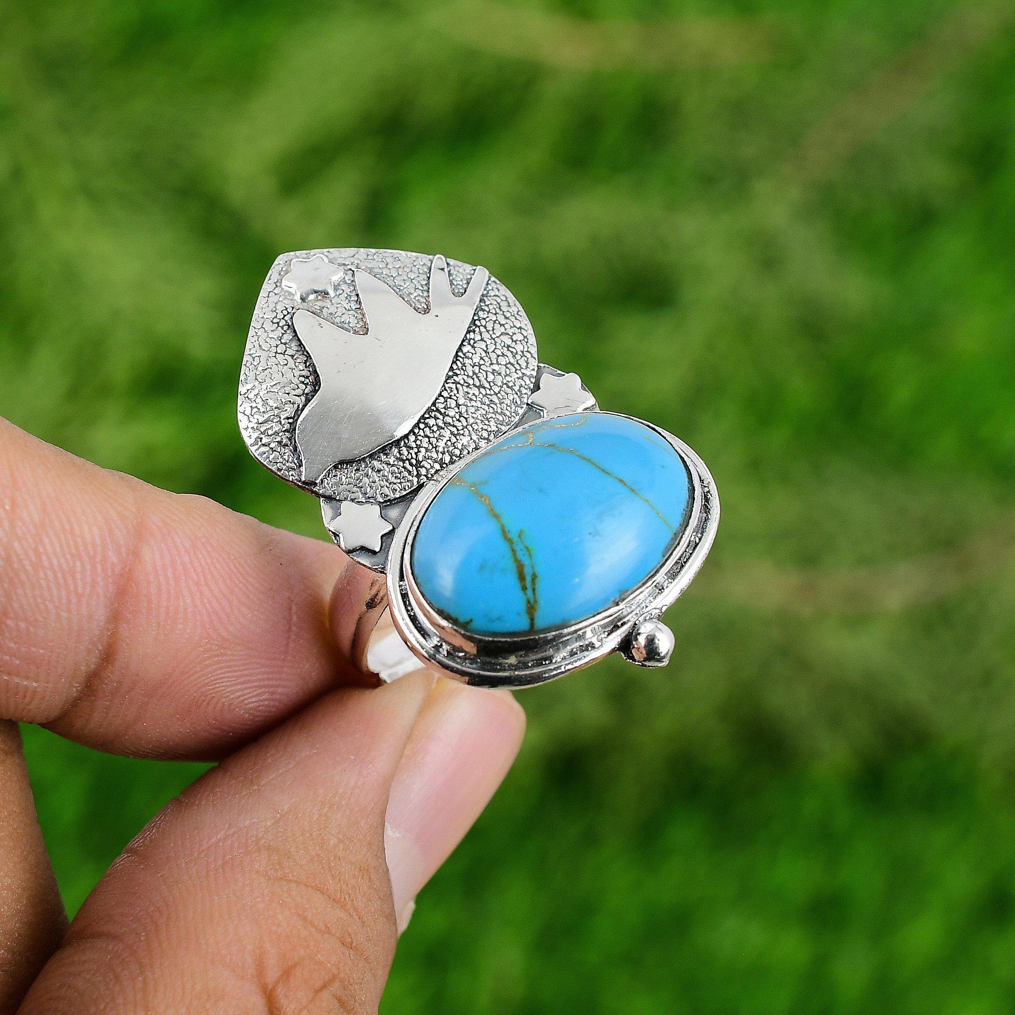 Natural Copper Arizona Turquoise Gemstone Stackable Adjustable Ring 925 Silver