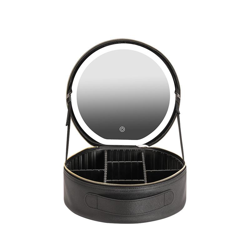 Round Cosmetic Bag with Mirror and LED Light Large Capacity Hand Carry Travel Portable Cosmetics Storage Bag