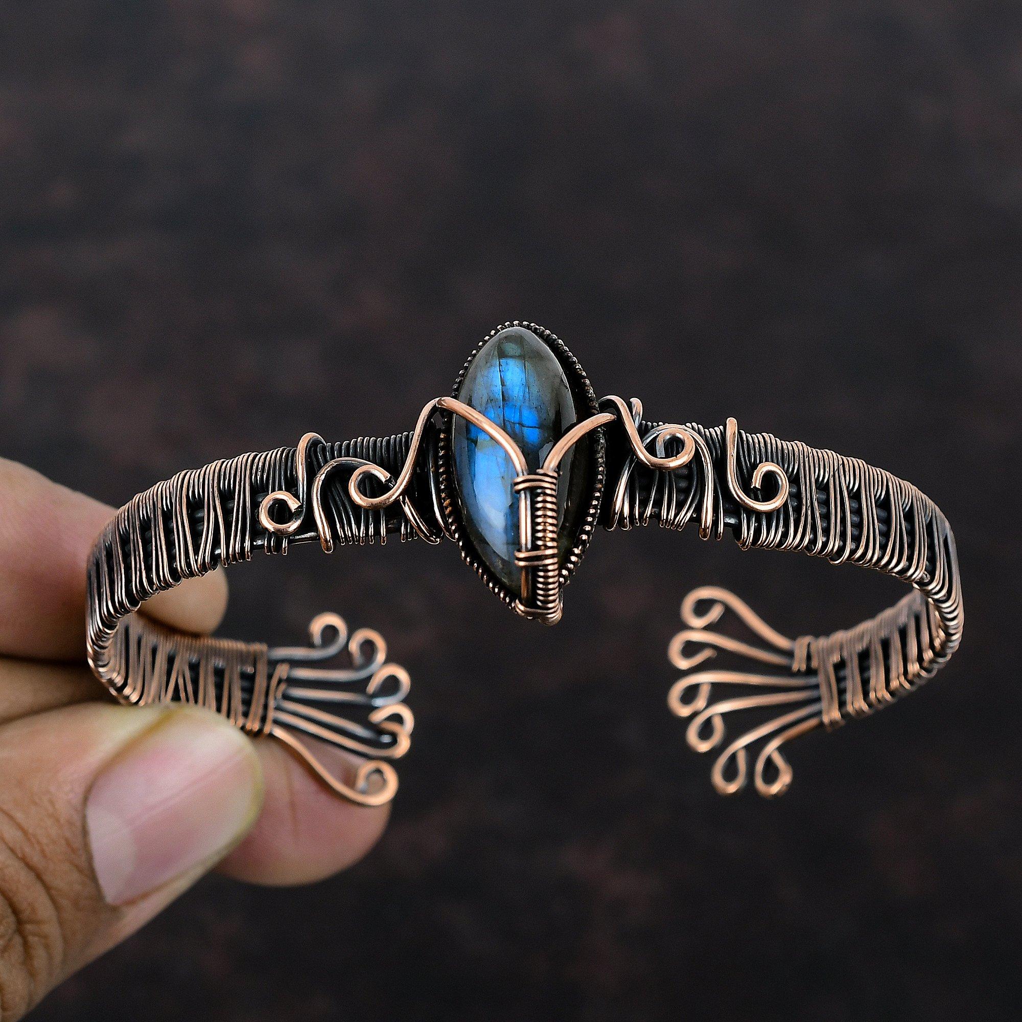 Labradorit Armreif Kupferdraht gewickelt Armreif Verstellbarer Armreif Edelstein Armreif Handarbeit Armreif Labradorit Schmuck Als Geschenk