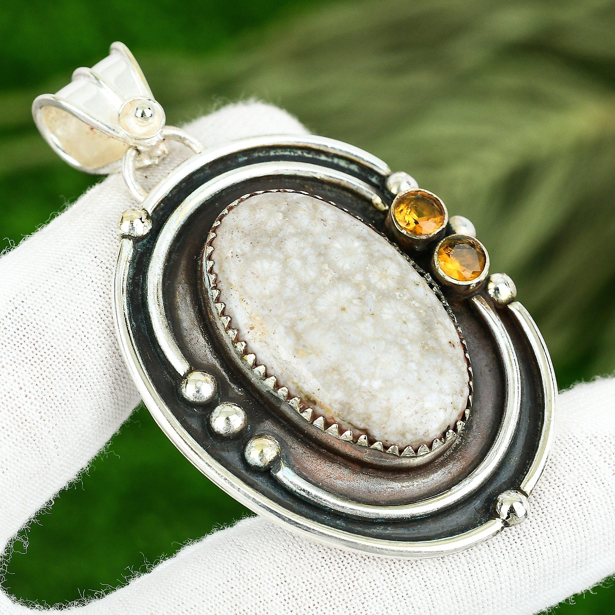 Sisters Day Sale Sterling Silver Fossil Coral Gemstone Citrine Pendant Jewelry