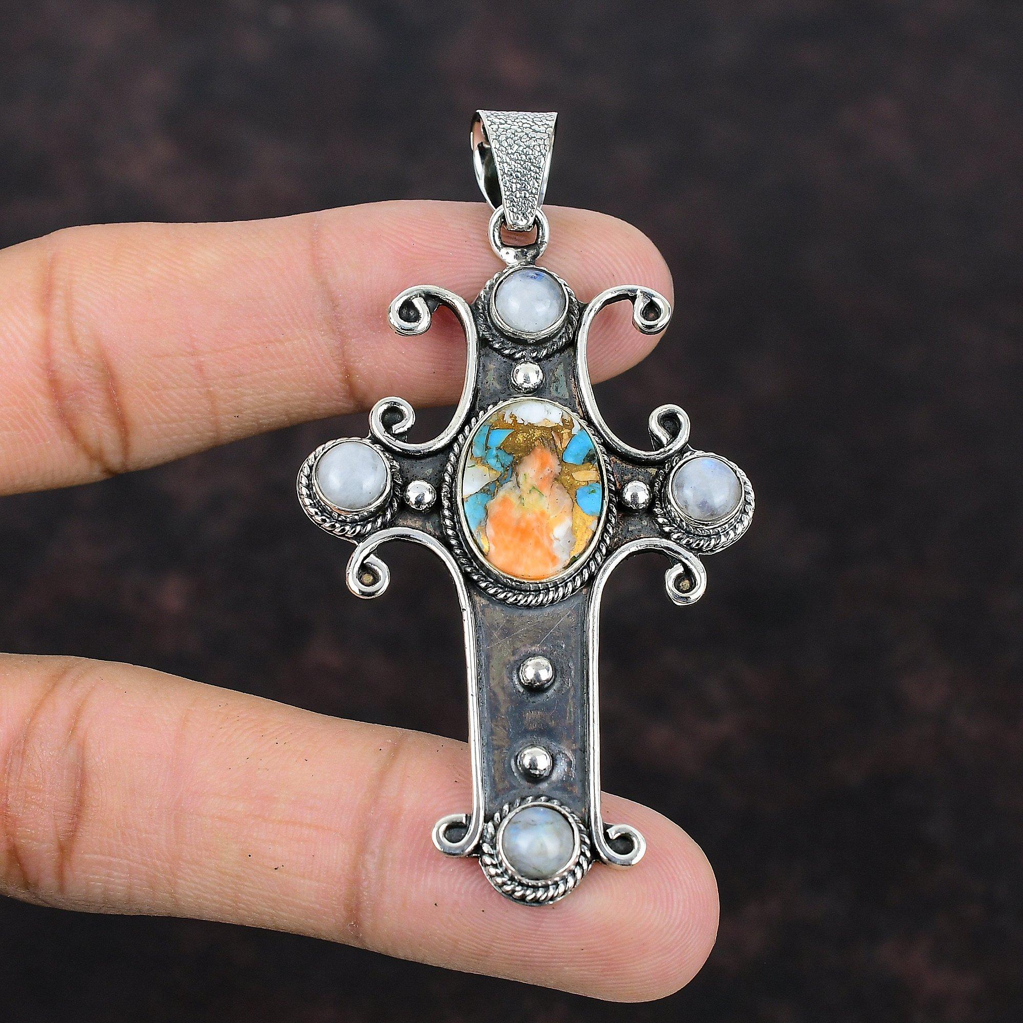 Ciondolo in rame turchese con ostrica spinosa, ciondolo in pietra di luna arcobaleno, ciondolo in argento sterling 925, gioielli fatti a mano, ciondolo con pietra preziosa, ciondolo a croce
