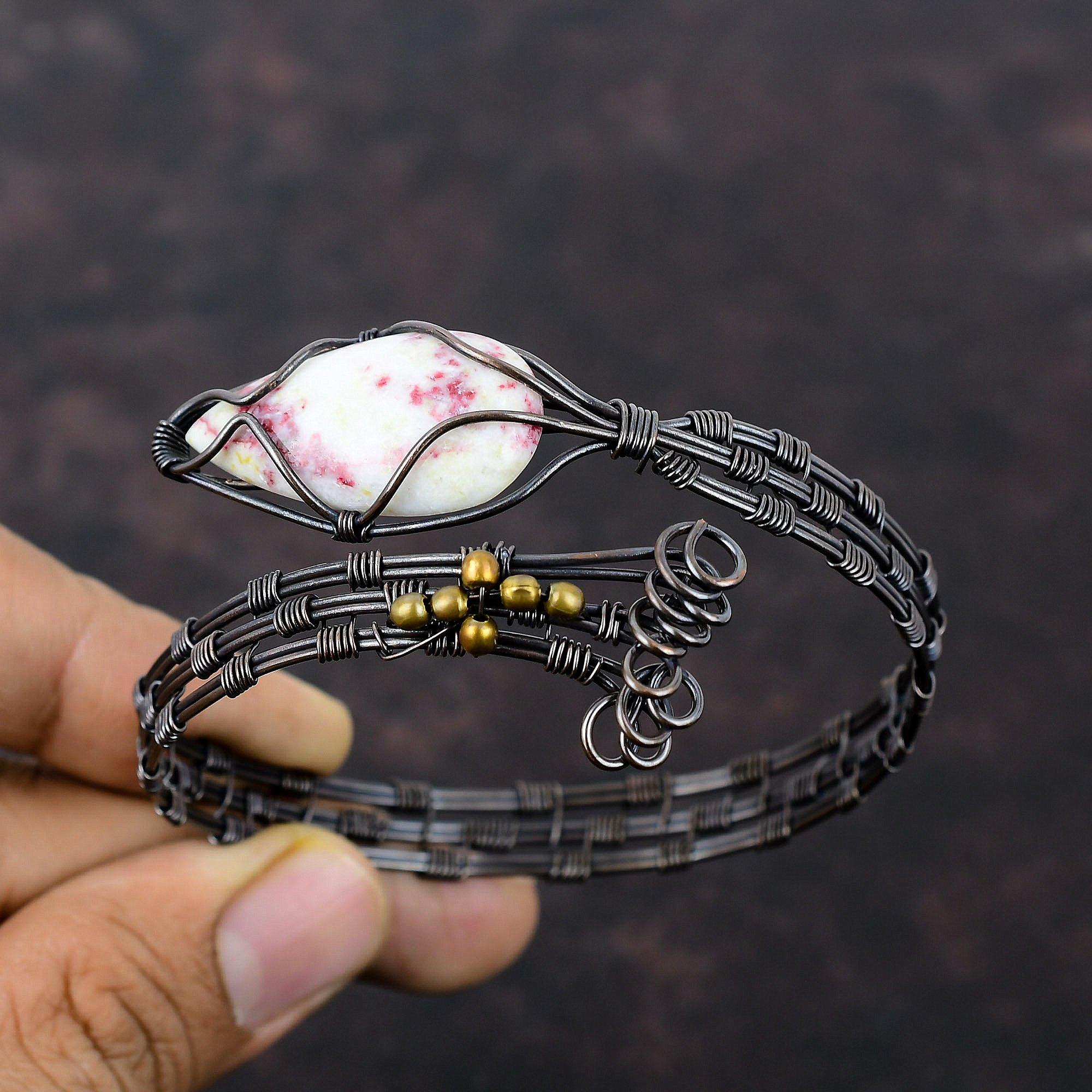 Cinnabarite Cuff Bracelet Copper Wire Wrapped Bangle Gemstone Jewelry Adjustable Cuff Bracelet Handmade Cuff Copper Wire Jewelry Gift For Mom